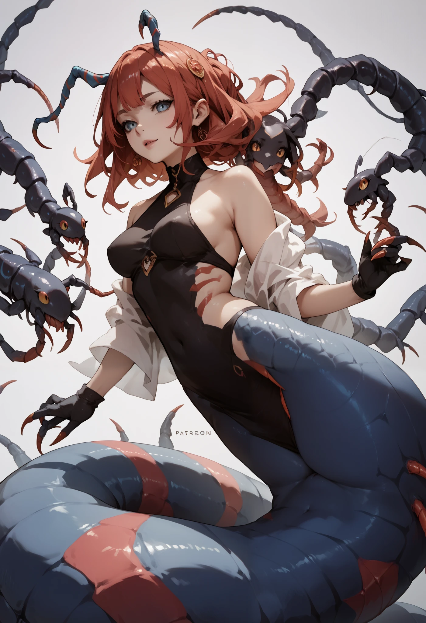 Centipede girl. Lamia style. image color black. Black body and blue leg Centipede. 