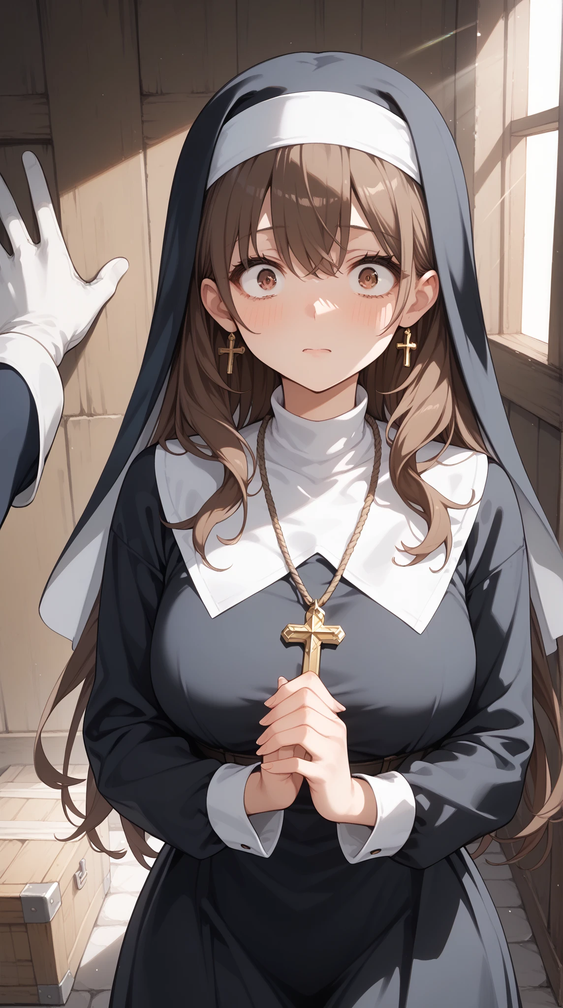 Anime-style character, source_anime, neolight, backlighting, light rays, 1girl, adult woman, beautiful, best perfect anatomy, A pale anime mature woman, nun (black nun habit, cross necklace, white glove, wearing white surgical mask), 1 woman, lonely, deep brown eyes, long hair, deep brown hair, straight hair, waist length hair, bangs, Pretty Face, cute, anime girl with Surprise face, Constricted pupils, depressing face, scared look, traumatized, Fear, shaded face, looking a view, scared poses, medium Up, Single Shot, Shooting from the person, kabedon, pov hands (background : medieval storage room, very small space),