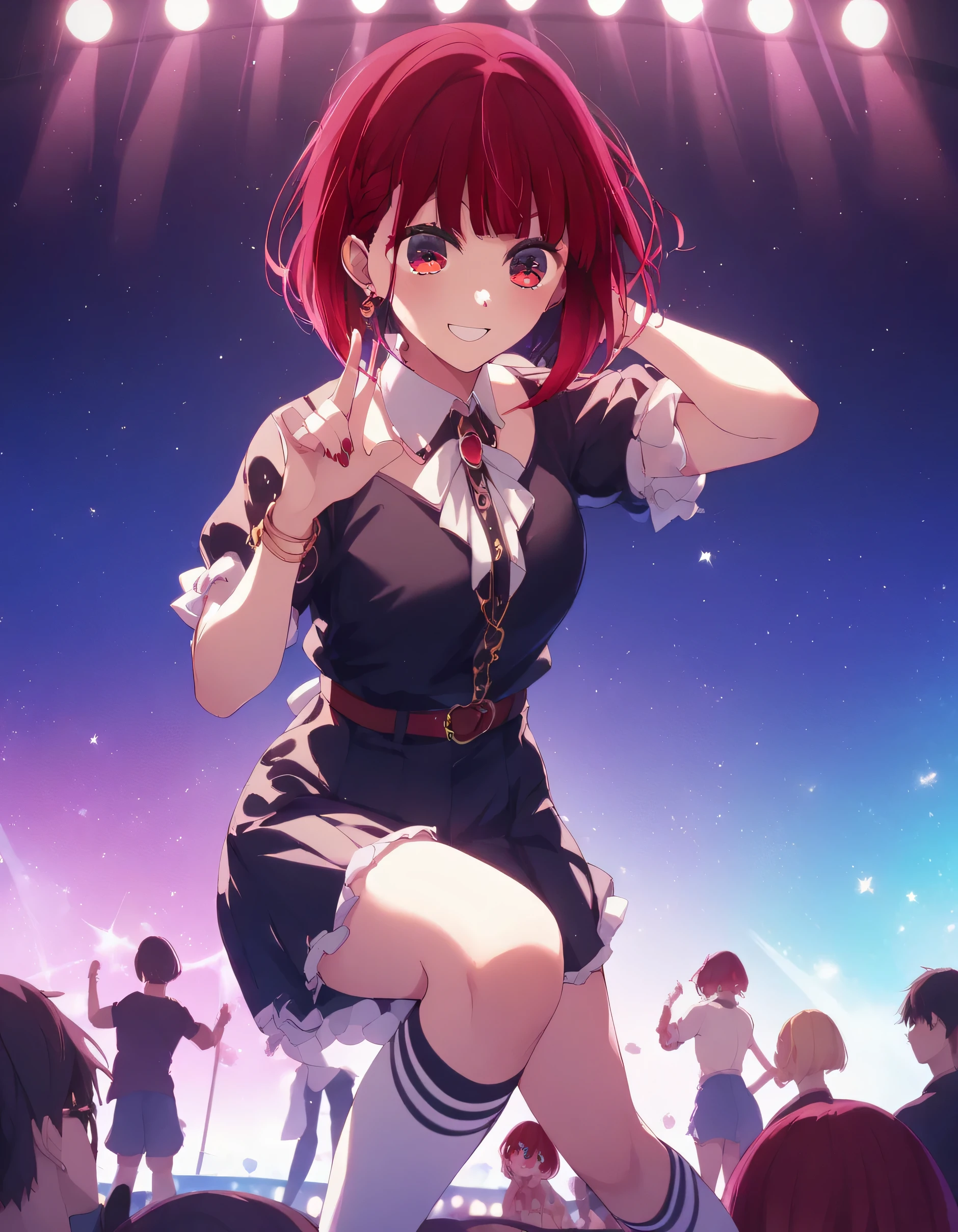 top quality 、Arima Kana、、 innocent girl、 red hair、 bob cut、Red eyes、Delicate eyes、 idol costume、 miniskirt、 knee socks、 smiles、whole body、 dancing、Live、concert、 stage、 Spotlight、
