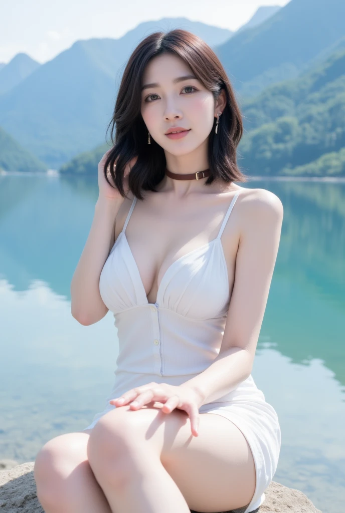 High quality, best images,
Fine skin, lustrous hair, precise human body,
delicate hands, long smooth legs,

On the edge of a lake surrounded by mountains
Bright sunlight,

Short, dark hair,
Dark eyes, oval chin,
Wellington glasses with brown rims,
Brown collar, leather collar,
smiling, bashfully, 
Showing cleavage, navel, nipped in waist, armpits
mini skirt, white camisole