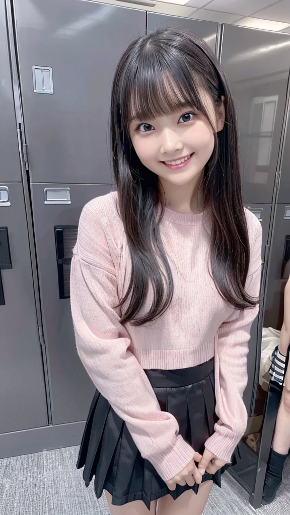 (((pink long sleeve knit, black mini skirt))),((((black long hair, bangs)))), ((junior face)), ((standing)),Japanese、(((grin face, scornful eves:1.2)))、((((Round face))))、(big cheeks)、((Cute Face))、((***** junior)), (((Japanese idol)))、((dark skin)), (((background:bright locker room))),  Ultra High Definition,  high image quality model,  retina,  top quality, High resolution、 high image quality model,  retina,  top quality, High resolution、high resolution、in 8K,Highly detailed eyes and face、超High resolution, High resolution、high resolution、in 8K