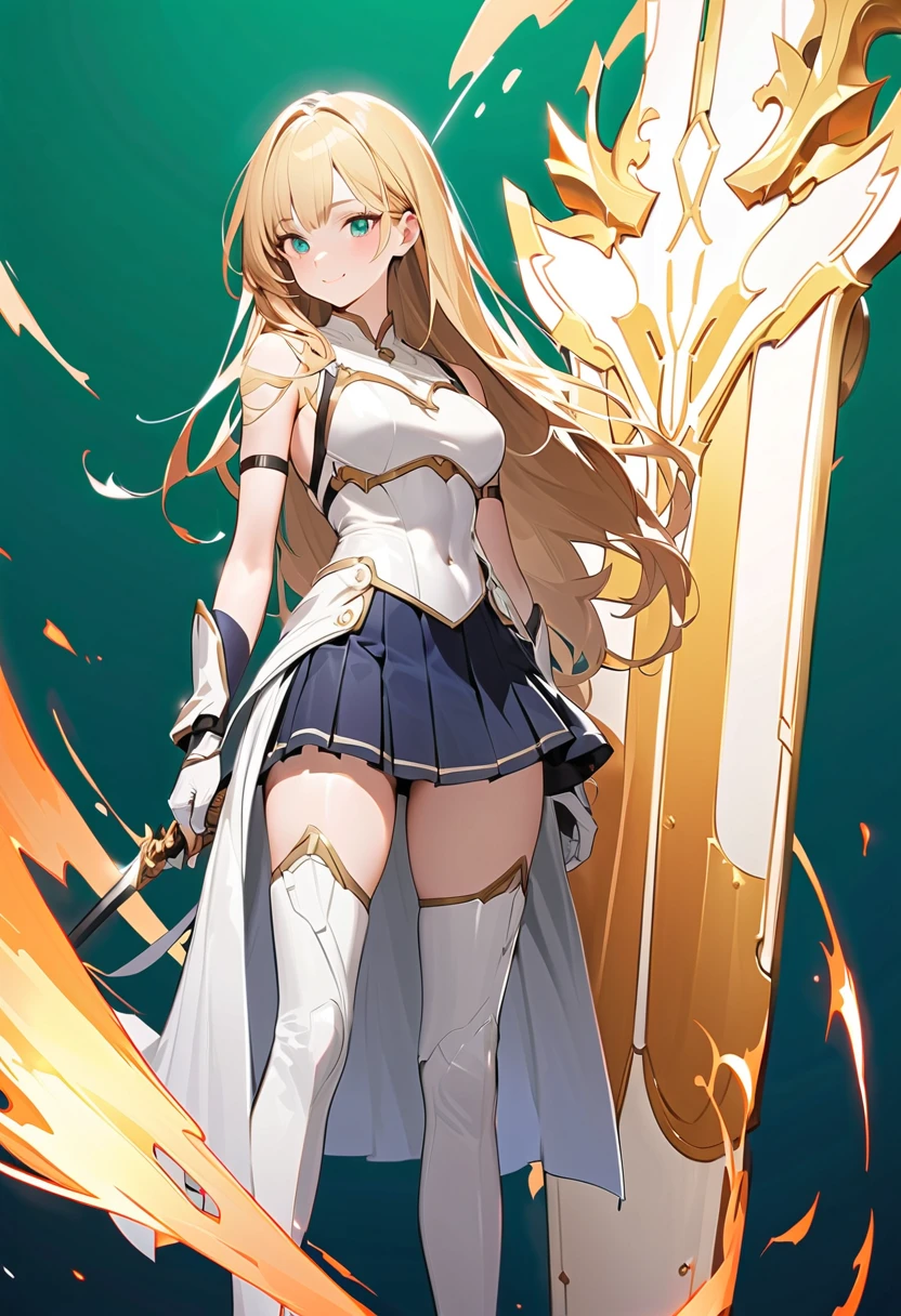 (green background:1.3), No wind, character sprite, Break, 
1 girl, (cute face), elegant, Confident Look, light smile, 19 years old, Tall, 170 cm tall,, Standing, full body, blonde long hair, hime cut, blue eyes, (medium breasts:1.2), slim, white elegant Battle dress, short length skirt, tight breastplate, thigh boots, Great Sword,,(porcelain skin), Break, 
(green background:1.3), No wind, high fantasy, game cg, absurdres,  highres, ultra detailed, beautiful, (masterpiece), (best quality:1.2),