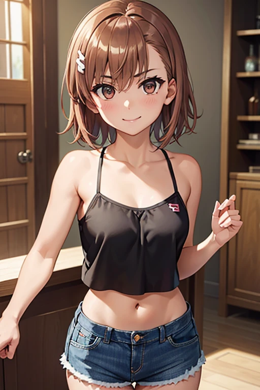 misaka mikoto、 shiny hair,  short hair, ( beautiful brown eyes、)、smile、 super detailed eyes、((hair clip)), highly detailed faces being avenged,  highly detailed eyes ,cowboy shot,、( One Girl )、 ,Master Piece,  top quality ,  high res, masterpiece , 




(masterpiece,  top quality :1.2),  1 person, Alone, Alone focus,  short hair, smile,  Show Viewers , 
Black Crop Camisole,  be careful when browsing barefoot in denim miniskirt , Pokies,