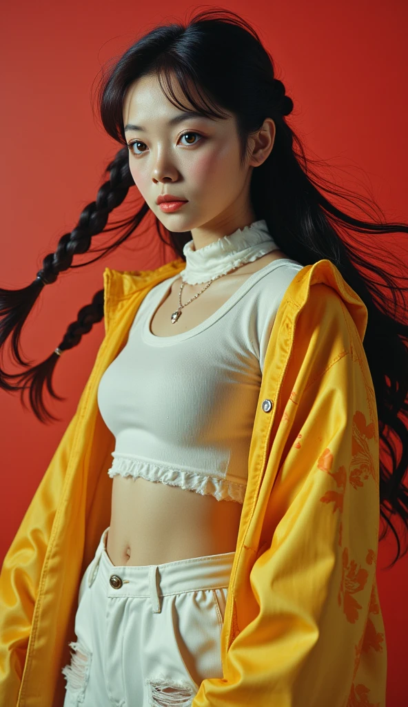  A beautiful young Japanese girl .
 black hair, seeds, Foot-length , with braids, fluttering. 
 honey-colored eyes , expressive, obfuscating, bioluminescentes. 
 Full and voluminous lips . 
 Small, pointy breasts .
yellow coat, shiny effect,  graphite print , Open.
white shirt, semi-transparent, tight,  showing the entire contour and volume of the breasts. 
wide pants, White color, torn at the knee .
 Skate style sneakers .
 Are you dancing hip-hop . 
 Simple red background .
Dull effect .
retro effect.
(anime style 32K, 3d, HDR, UHD, intricate detail, extremely intricate detail, hyperrealistic, extremely realistic, high quality,         vivid color        , extremely detailed).