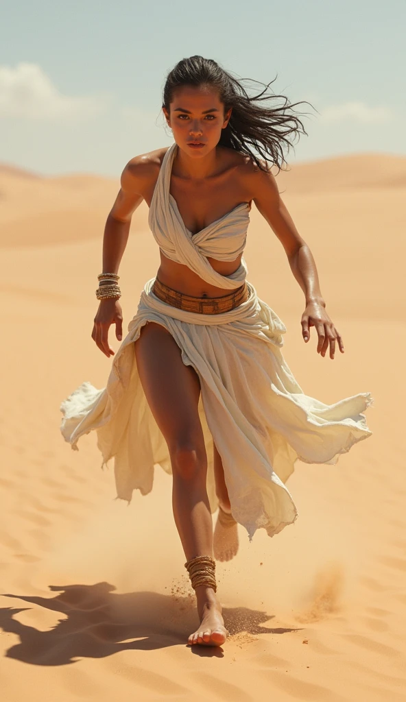White short-haired, dark-skinned, flat-chested girl，Veil，White top，Bare waist，Tattoo，thong，Transparent skirt，Bare arms，Bare Legs，barefoot，Standing，desert