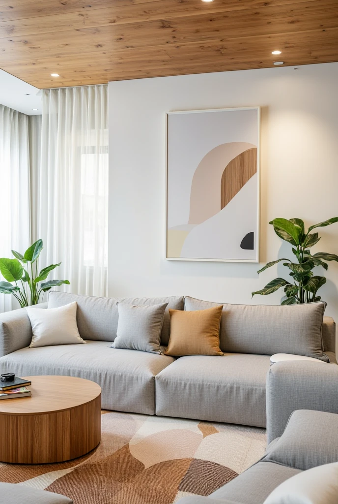 Minimalist living room with a gray sofa, wooden coffee table, large windows, white curtains, and indoor plants, in Scandinavian style with warm natural light