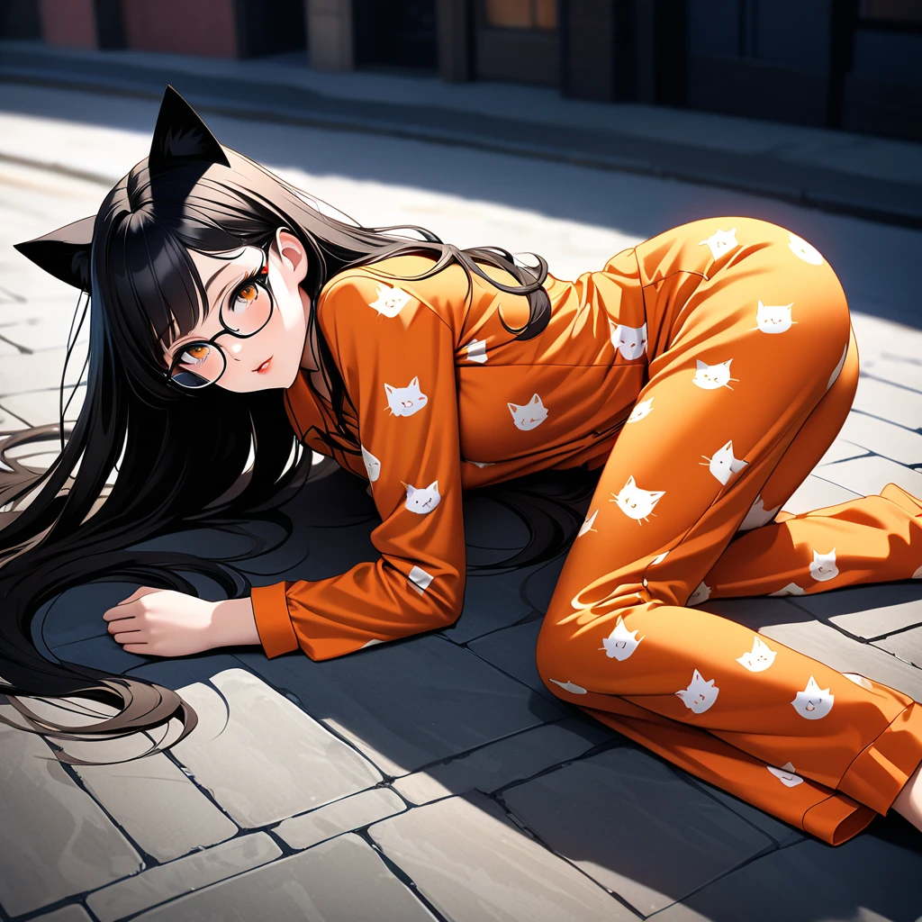 Lie down just like a real cat, Cat print pajamas, Big glasses, black hair, long hair, beautiful girl with cat ears, 1 girl wearing orange pajamas, Smooth moisturized and firm skin texture, Tight and seductive outfit a deserted street, A dark background that makes the subject stand out BREAK (Detailed silk texture:upscale:Gloss:Smoothness:Suppiness), BREAK Highest Quality, Highest Resolution, Detailed and crisp image quality, Super Retina, Adult sex appeal, Long hair blowing in the wind, Detailed and complex, Colorful, Transparent full color coating, Light and Dark, High Contrast, aesthetic, Full Body Shot, 16K