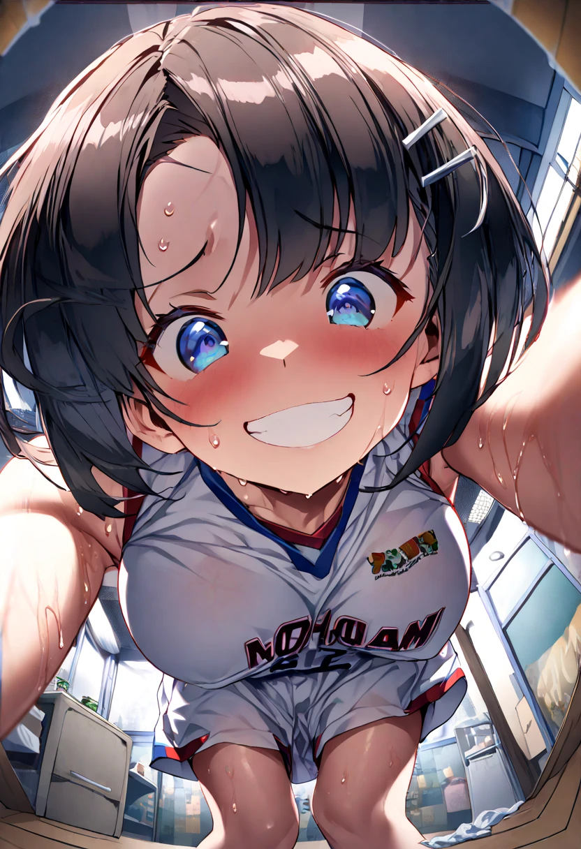 One Girl、basketball uniform、One Curl Bob Cut, Highest quality、Sweaty body、Obscene sound effects、Japanese Moans、Big Breasts、Surprised、(Show your forehead)、hairpin、(View from below:1.5)、(grin:1.3)、(forward-bent posture)、(erotic room)、(Fisheye lens effect:1.3)