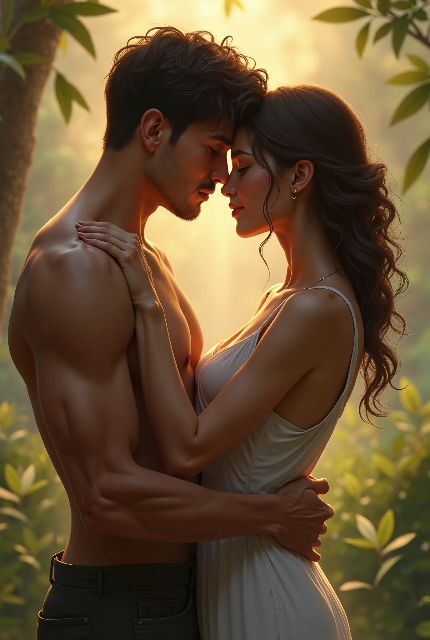 The image of a girl with 2 braid with extremely hot figure getting a hug from a boy from behind with muscle mass and aesthetic body with mid hair partition hairstyle.