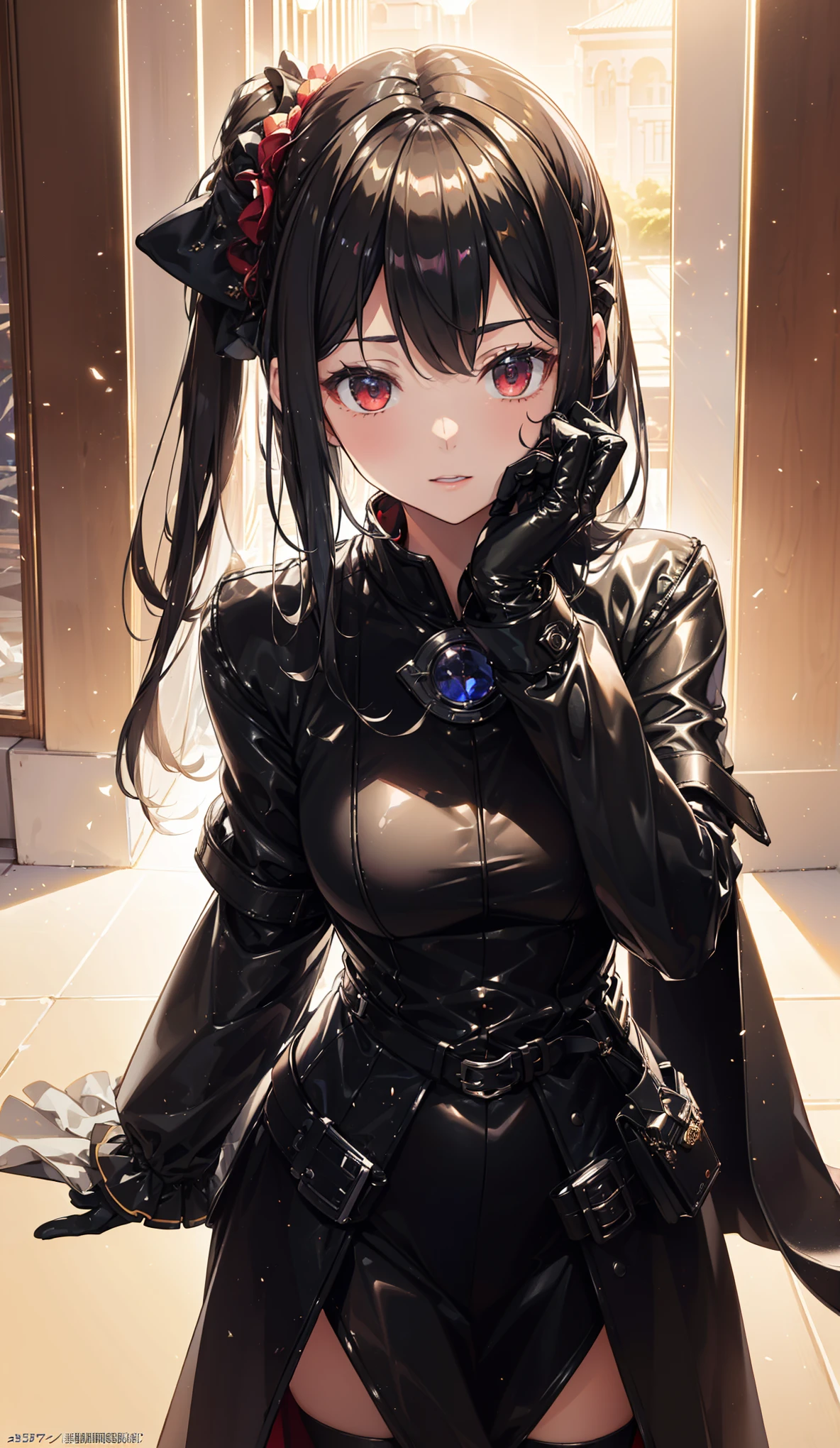 (( original photo),absurd,(absurd分辨率)),masterpiece, Best Quality ,( extremely detailed 8k unity CG wallpaper ),(best illustration),(best shadow),Real light , beautiful and detailed brilliance ,((21 years old)),girl,Long black hair,The Black Queen ,Accessories,Holding an apple,Poison Apple,Witch Queen, red lipstick,(((Her photography perspective))), Leather Coat with ta,Dress Outer Skirt