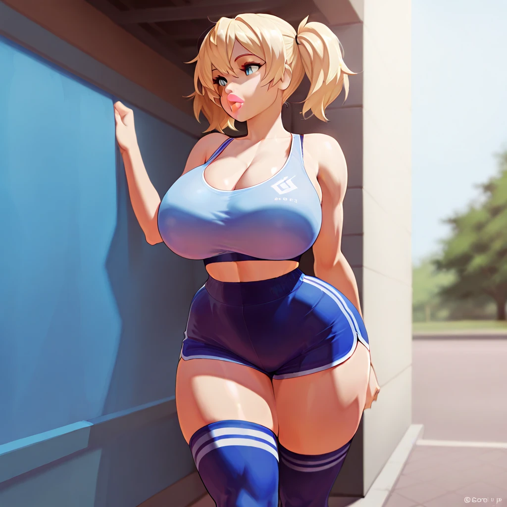 (best quality), (masterpiece), 1 girl, early 20's, huge heavy breasts, thick, thick lips, wide hips, thin waist, thigh socks, blue sports bra, athletic shorts, standing outside, blonde hair, twintails