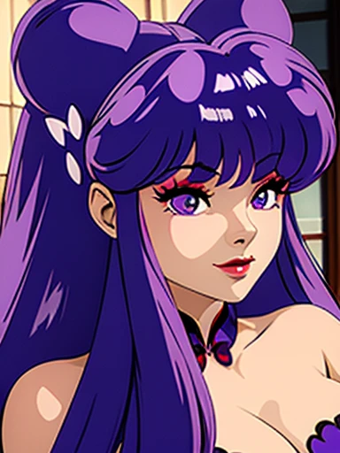 (tanned lustrous) vampire, (masterpiece), intricate details, retro, ((2000s anime)), ((best quality)), (purple gothic chateau in a forest at night), (gothic long tight sparkly) shiny [purple orange dress], vampiric ears bat, detailed lace, (natural stones) jewelry, (dark brown lips), choker, slim-thick, extremely detailed, covered, dynamic pose