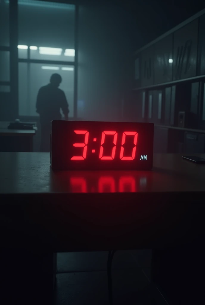  A red digital clock in the office dialing exactly 3: 00 in the morning . The surrounding environment is completely silent ,  except for the sound of heavy breathing in the background 