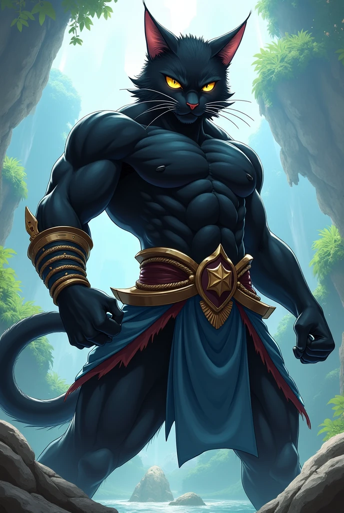 1boy, solo, furry, furry man, handsome, handsome face, panther man, panther furry, panther boy, fighter, monk, shirtless, black fur, blue hakama, black hair, medium hair, shaggy black hair, black furry ears, black panther ears, black cat ears, black cat nose, gold eyes, yellow eyes, slit pupils, black fur, body fur, toned, toned body, abs, slender, blue dhoti, blue hakama, plantigrade, cocky, six pack, black face, black head, black body, black abs, black pectorals, cat man, cat boy, cat furry, cat furry male, cat furry man, cat furry boy, anthro, anthropomorphic, black cat man, adult