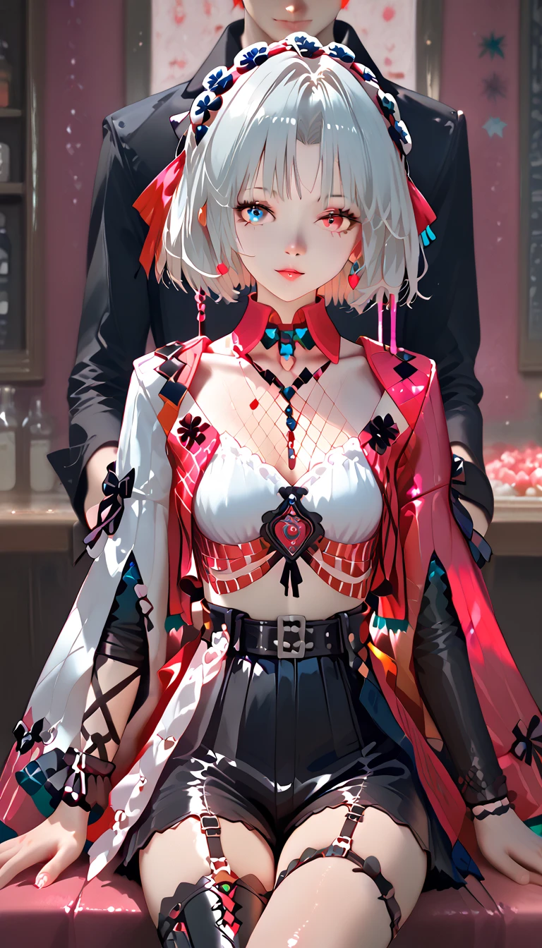 1girl, short hair, silver hair, solo focus, 4K, ulutra detailed ,masterpiece,highest quality,beautiful detailed eyes,Small breasts,(Heterochromia iridis),(left eye,Red eyes),(right eye,blue eyes),
Clothing Description:

Top: Wearing a white crop top with black straps, layered with black mesh covering the neckline.

Outerwear: An oversized white bomber jacket with red and black accents on the inside. The red lining features a quilted pattern, adding a stylish detail.

Additional Accessories: A necklace with a triangular pendant and chain straps hanging from the belt.

Bottom: Black shorts with red accents, featuring metallic chains and straps wrapping around the waist. Buckles and straps add a utilitarian touch.

Background:
A pastel pink background with heart and star patterns, creating a sweet and cheerful atmosphere. There’s also a text message element in the bottom left corner, adding a social media context.

Pose:
Sitting in a slightly elevated position, with one leg raised, exuding confidence. Her hands are either holding the edge of her skirt or resting on her lap.