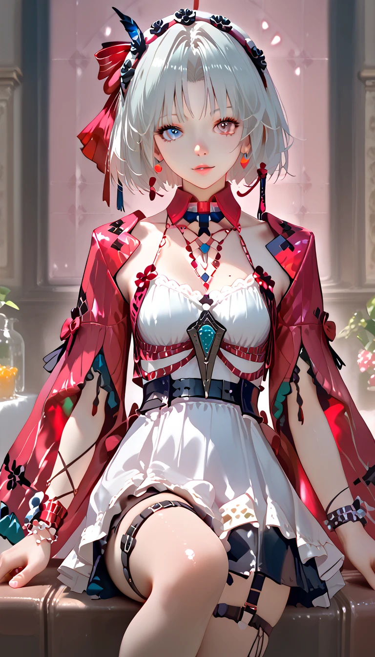 1girl, short hair, silver hair, solo focus, 4K, ulutra detailed ,masterpiece,highest quality,beautiful detailed eyes,Small breasts,(Heterochromia iridis),(left eye,Red eyes),(right eye,blue eyes),
Clothing Description:

Top: Wearing a white crop top with black straps, layered with black mesh covering the neckline.

Outerwear: An oversized white bomber jacket with red and black accents on the inside. The red lining features a quilted pattern, adding a stylish detail.

Additional Accessories: A necklace with a triangular pendant and chain straps hanging from the belt.

Bottom: Black shorts with red accents, featuring metallic chains and straps wrapping around the waist. Buckles and straps add a utilitarian touch.

Background:
A pastel pink background with heart and star patterns, creating a sweet and cheerful atmosphere. There’s also a text message element in the bottom left corner, adding a social media context.

Pose:
Sitting in a slightly elevated position, with one leg raised, exuding confidence. Her hands are either holding the edge of her skirt or resting on her lap.