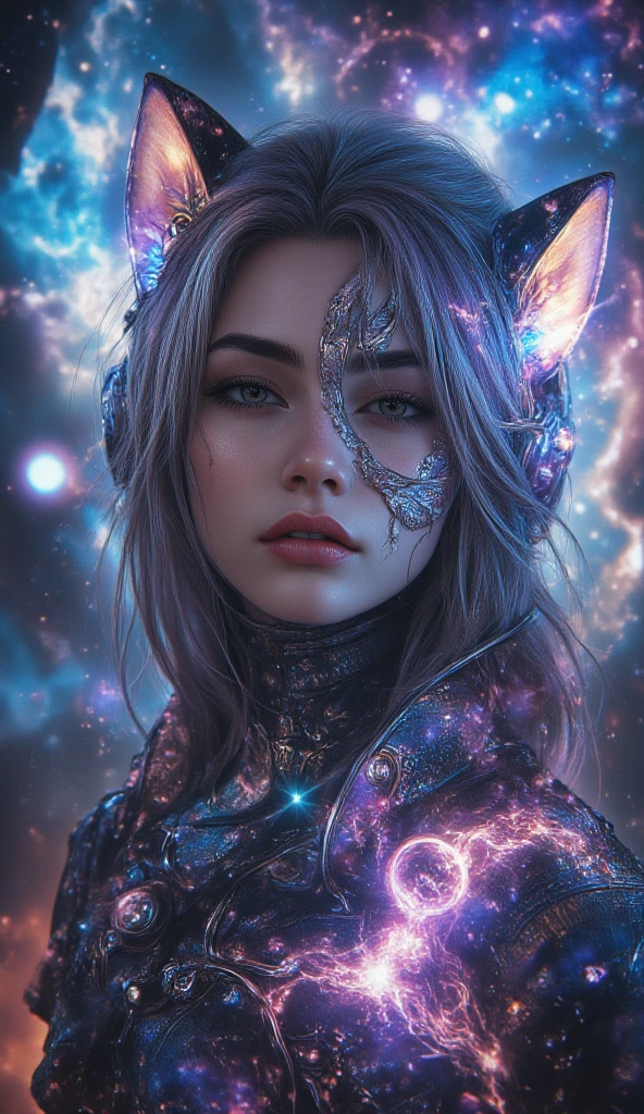 A beautiful cat-eared girl, cosmic-themed dress and gear, fantasy, intricate details, highly detailed, cinematic lighting, vivid colors, photorealistic, 8k, best quality, masterpiece, midjourneyv6.1