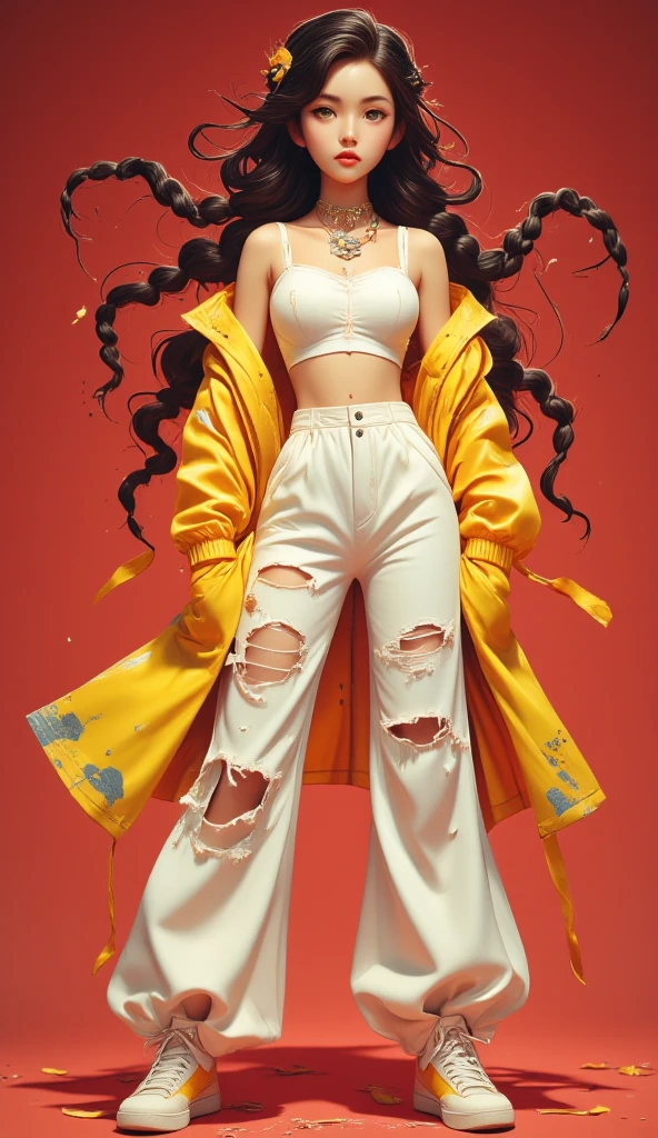  A beautiful young Japanese girl .
 black hair, seeds, Foot-length , with braids, fluttering. 
 honey-colored eyes , expressive, obfuscating, bioluminescentes. 
 Full and voluminous lips . 
 Small, pointy breasts .
yellow coat, shiny effect,  graphite print , Open.
white shirt, semi-transparent, tight,  showing the entire contour and volume of the breasts. 
wide pants, White color, torn at the knee .
 Skate style sneakers .
 Are you dancing hip-hop . 
 Simple red background .
Dull effect .
retro effect.
(anime style 32K, 3d, HDR, UHD, intricate detail, extremely intricate detail, hyperrealistic, extremely realistic, high quality,         vivid color        , extremely detailed).