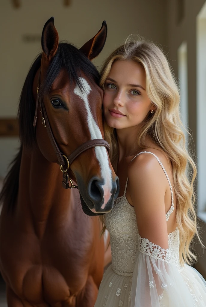 Blond young girl caressing a horse in sexy dress