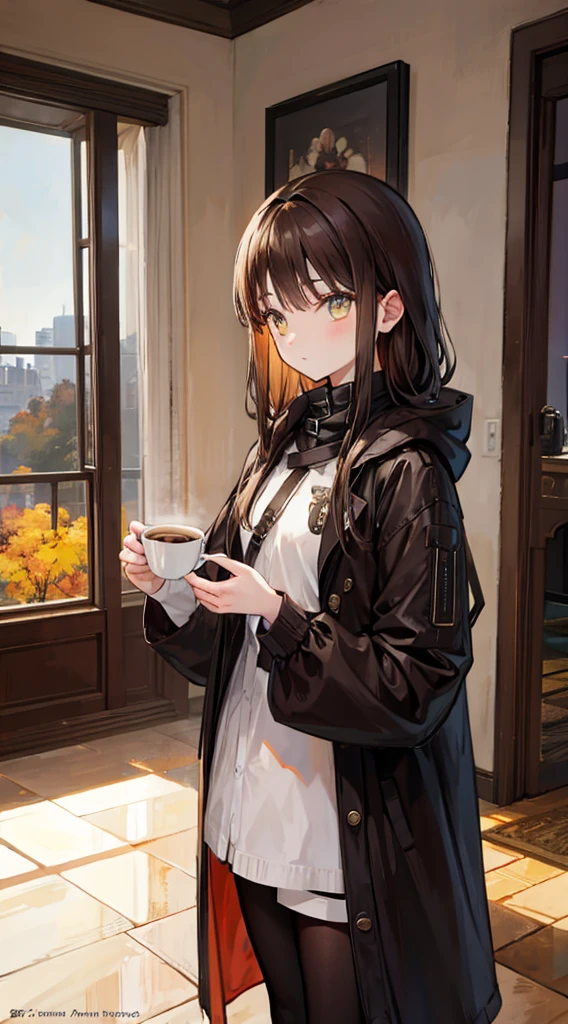 a girl with shoulder-length brown hair and amber eyes, wearing a black hooded jacket, brown stockings, and black knee-high boots, standing in a living room, realistic lighting illuminating the entire scene, an open book on the living room sofa, a cup of hot coffee next to the book, outside the window, autumn golden leaves cover the entire garden, the color tone is warm and soft, presenting a calm and warm atmosphere