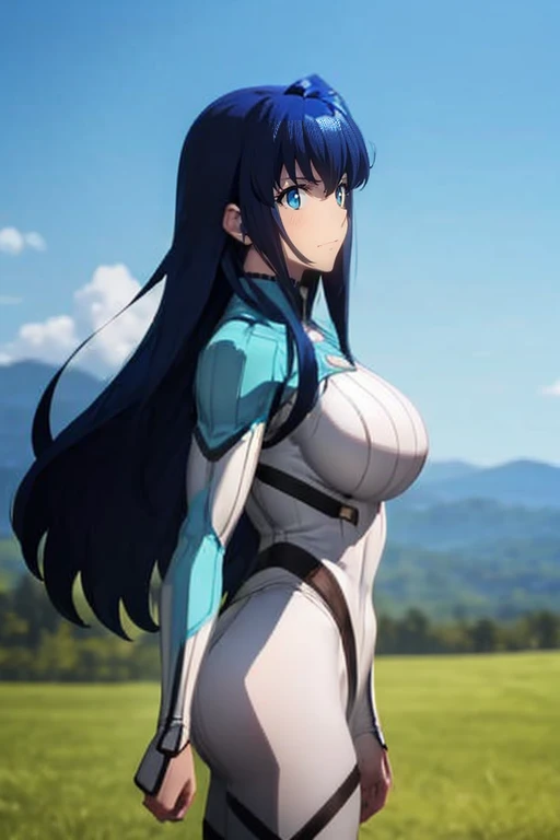 Aero（Marvel）, One Girl ,anime, Ufotable style ,solo, long hair, blue eyes, big breasts, black hair, blue hair, white bodysuit,,blue sky,smile, staring at viewers , from side, extends hands,Aerial