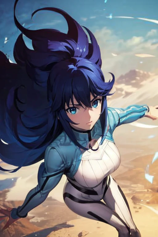 Aero（Marvel）, One Girl ,anime, Ufotable style ,solo, long hair, blue eyes, big breasts, black hair, blue hair, white bodysuit,,blue sky,smile, staring at viewers , from side, extends hands,Aerial