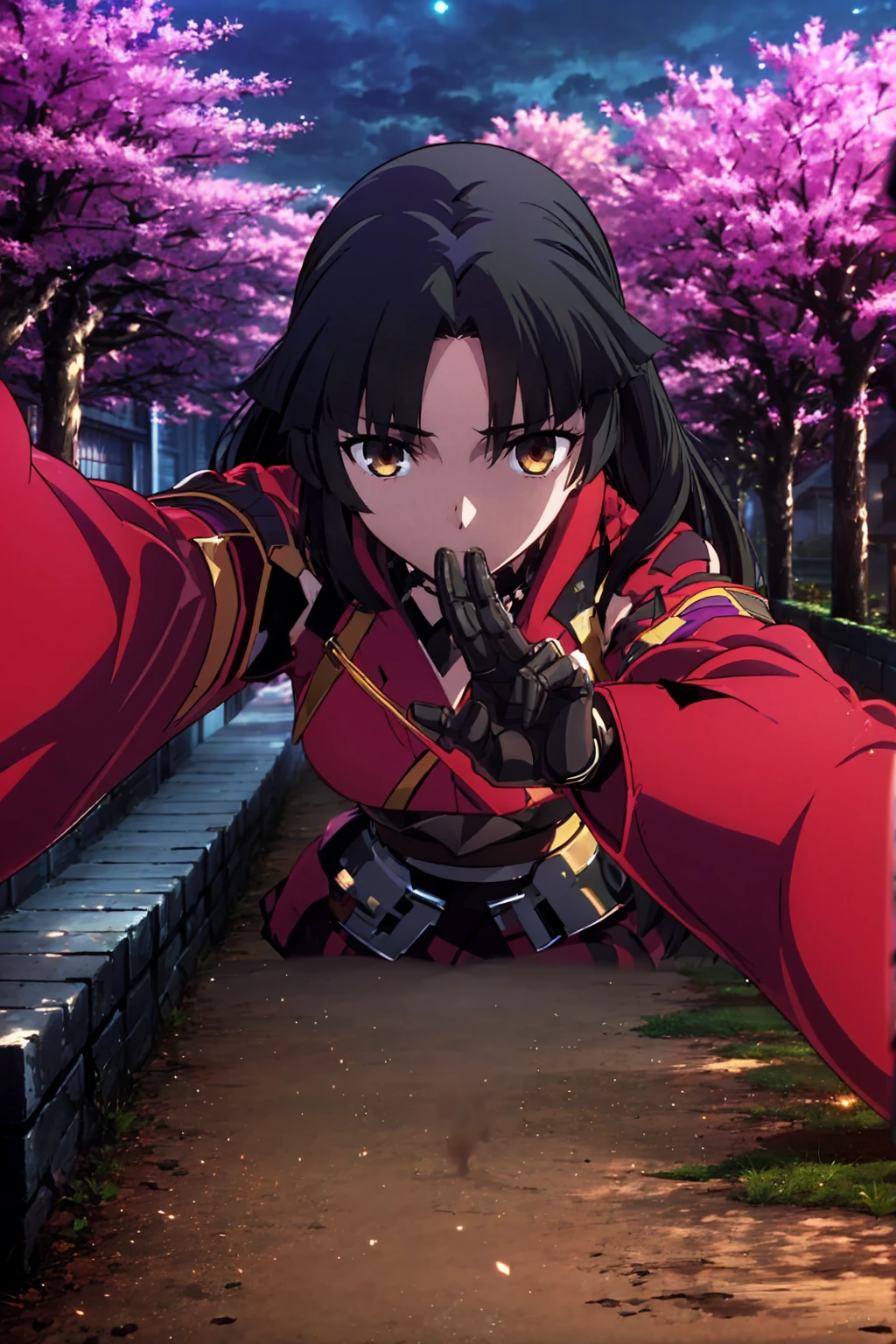 One Girl Kato Danzo（Fate）, Ufotable style , Machine Hands and Joints, Assassin 3 ,Mecha,kimono, under a cherry tree ,night, viewer's perspective