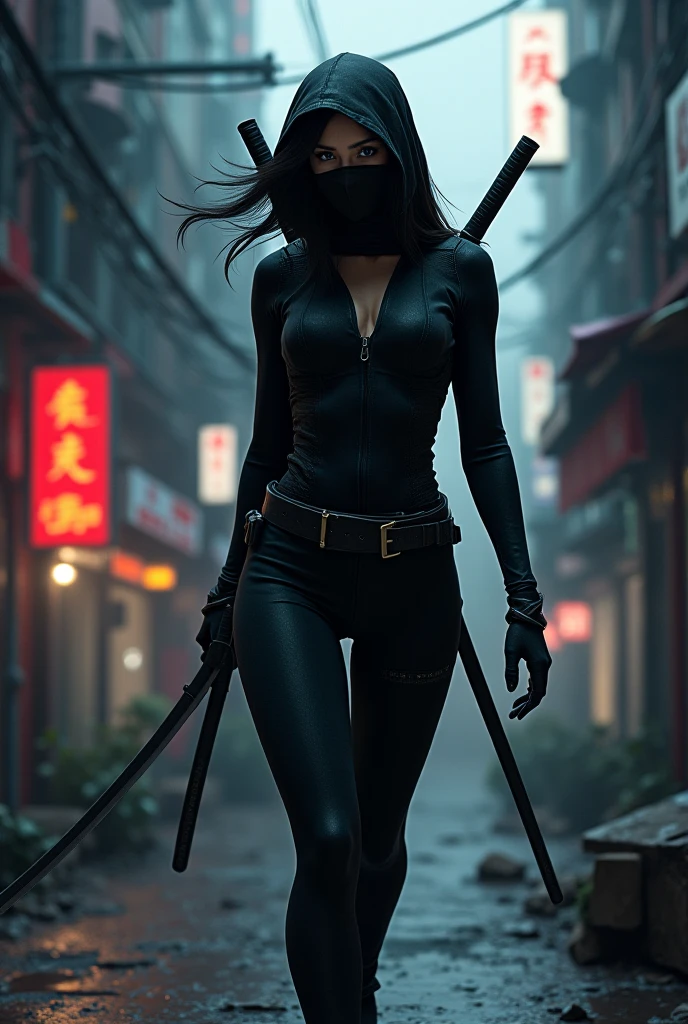 (Wide angle view). City Hunter style city, simple outlined neon tall buildings, glowing giant clock tower, helicopter, lightning, 3D rendering Beeple. At night, (1 girl as Kaori in City Hunter, solo, alone), photorealistic, medium-breast slim:0.6 body, oval:0.5 face, cleavage:1.1, sexy costume with deep-v, (Matrix style black micro sunglasses), ((aiming viewer with a short gun)), (running pose), (half-body thigh level close-up shot), cinematic lighting, ray tracing.