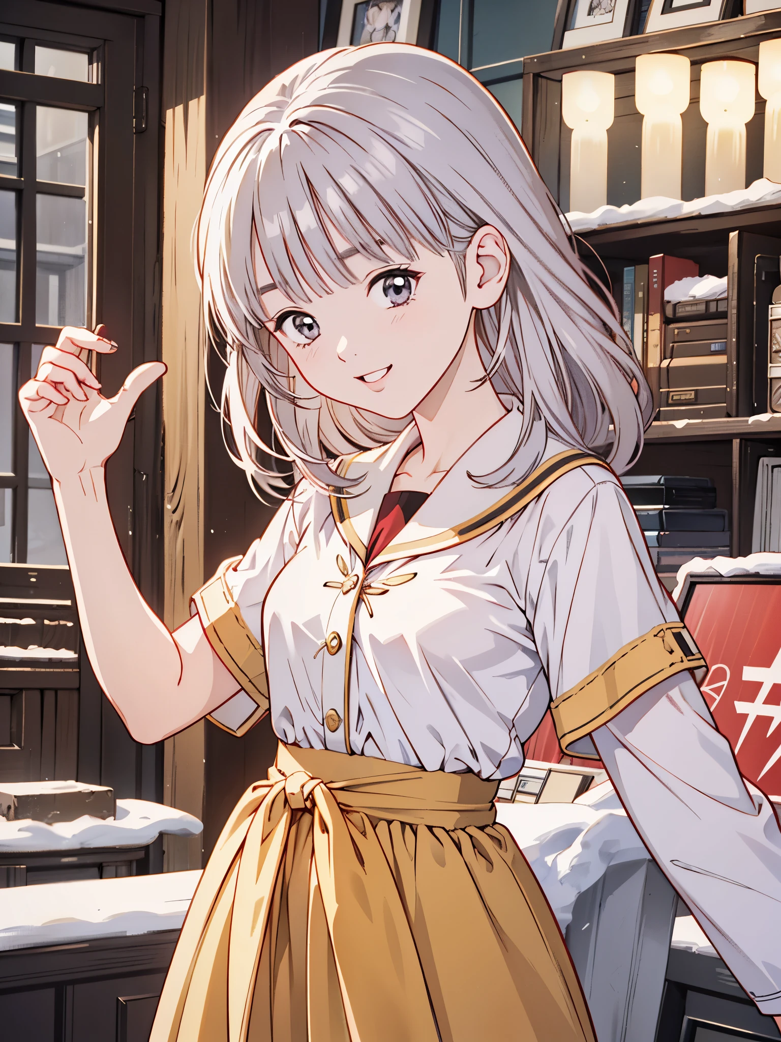 (8k、 top quality 、masterpiece:1.2)、( realistic、 ultra-detailed、 super A high resolution、 1 girl、、 beautiful detailed face、smile、narrow、( slim waist) :1.3)、Autumn Clothes、 、 skin texture、Floating Hair、 Professional Writing 、服、Wearing glasses、 Human body、Brown Hair、Shy、Mikity、 romantic in the snow、((Junior high school students、 embarrassing、fidgety))、uniform、