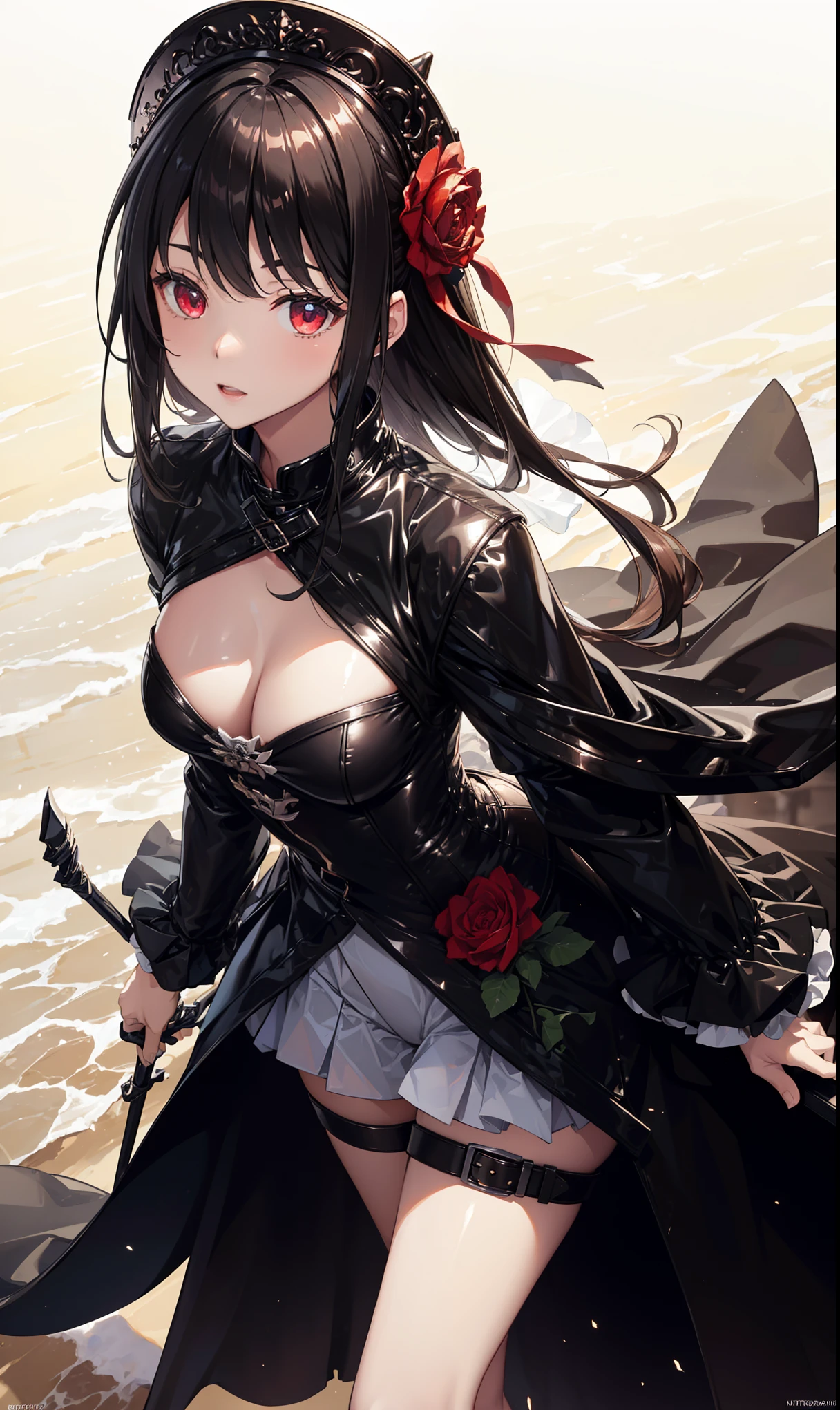 (( original photo),absurd,(absurd分辨率)),masterpiece, Best Quality ,( extremely detailed 8k unity CG wallpaper ),(best illustration),(best shadow),Real light , beautiful and detailed brilliance ,((21 years old)),girl,Long black hair,The Black Queen ,Accessories,Holding an apple,Poison Apple,Witch Queen, red lipstick,(((Her photography perspective))), Leather Coat with ta,Dress Outer Skirt