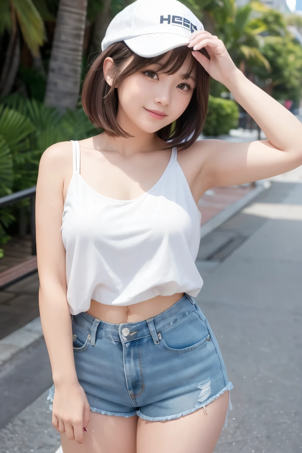 Araffe asian woman in white top and denim shorts posing for a picture ...