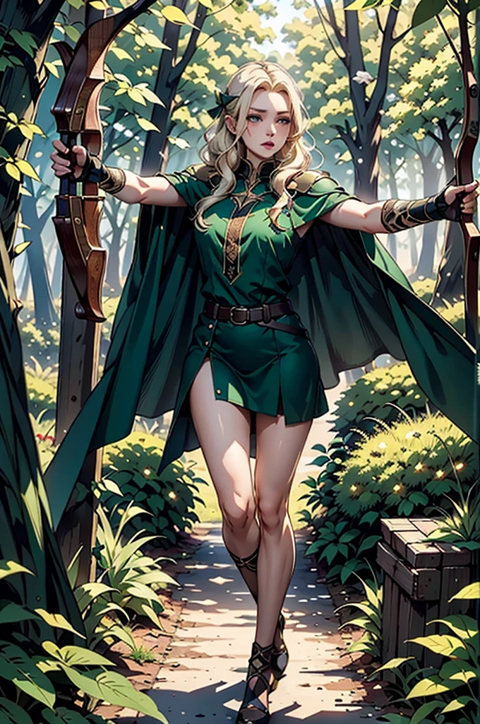   ，blonde，forest ranger， bow and arrow ，green cape， High resolution ， perfect face ， full body ，detailed， best quality， masterpiece 