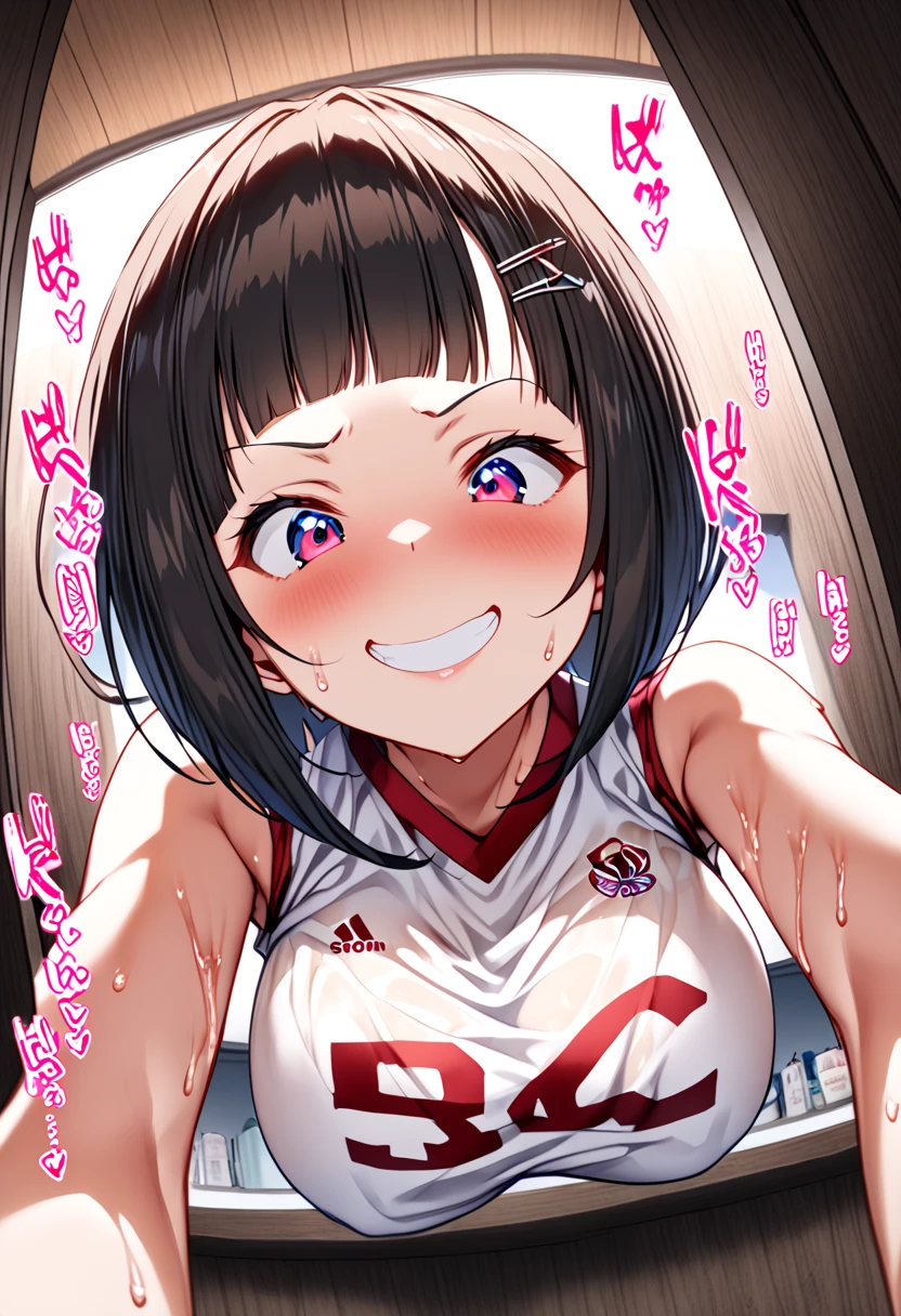 One Girl、basketball uniform、One Curl Bob Cut, Highest quality、Sweaty body、Obscene sound effects、Japanese Moans、Big Breasts、Surprised、(Show your forehead)、hairpin、(View from below:1.5)、(grin:1.3)、(forward-bent posture)、(erotic room)、(Fisheye lens effect:1.3)