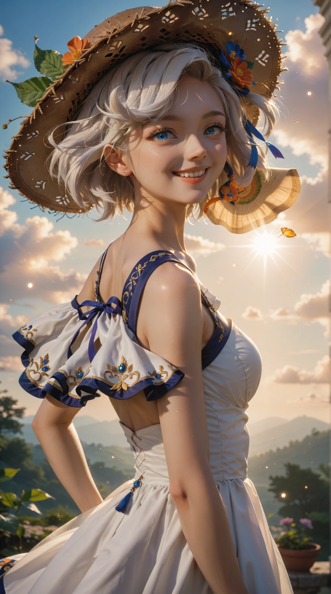 1girl, masterpiece,  Extremely Delicate , (   Beautiful details Shining),   Lens lights  , white hair, short hair,  Floating hair , Comments , behind  , Smile,   Blue Eyes  ,   White Dress  ,  medium bust ,   upper body,    Wide Angle Lens, straw hat, ((  Uyuni salt marsh  )), sunrise, cloud, Backlight, purple sky,   Yellow sky  , Gradient sky,    Hats on hand   