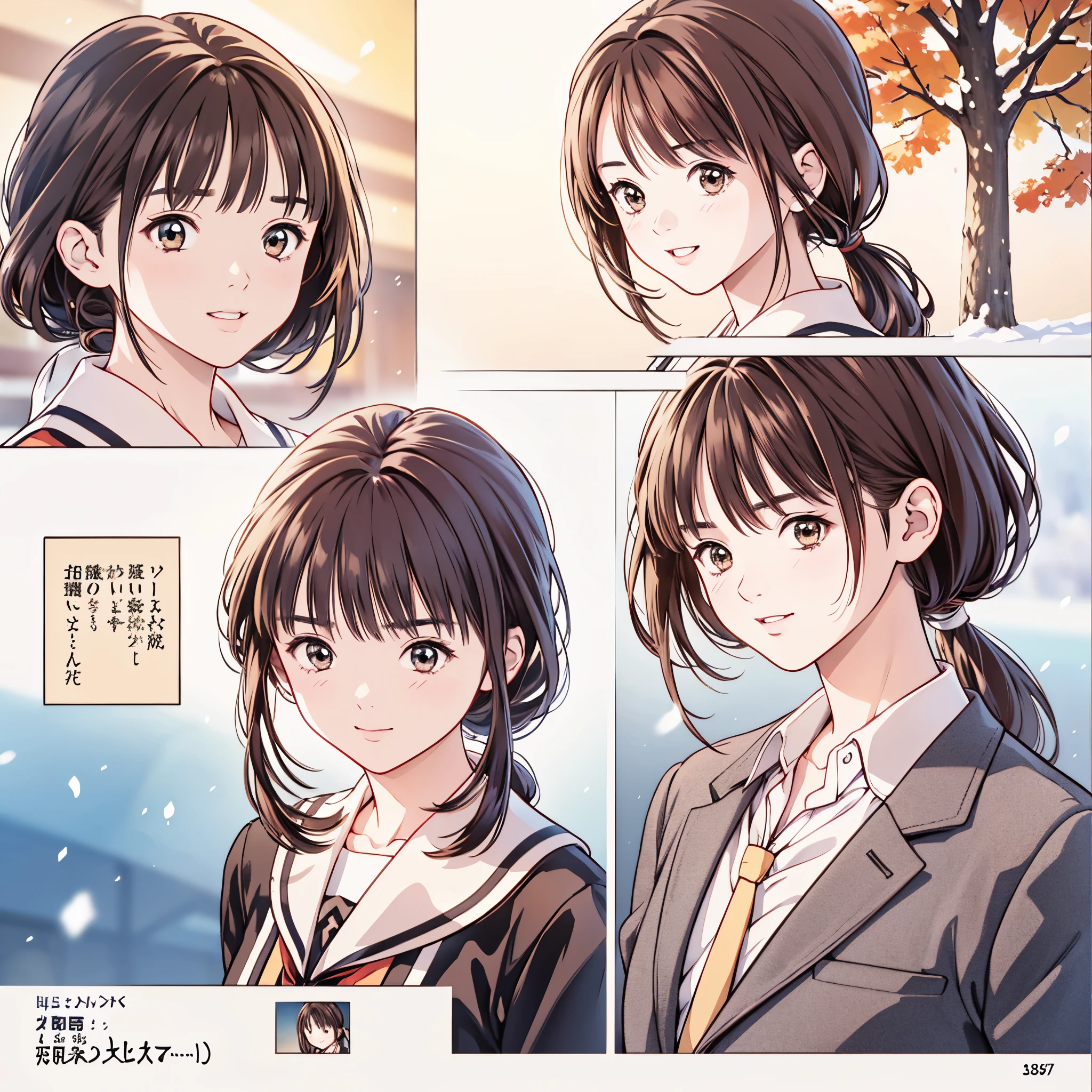 (8k、 top quality 、​masterpiece:1.2)、( realistic、 ultra-detailed、 super A high resolution、 1 girl、、 beautiful detailed face、smile、narrow、( slim waist) :1.3)、Autumn Clothes、  、 skin texture、Floating Hair、  Professional Writing 、****** high school students服 人体全体、((Brown Hair、Shy、Mikity))、 romantic in the snow、((****** high ***************、、Ponytail、 Class Idol))、cool、Tree Eyes、School、