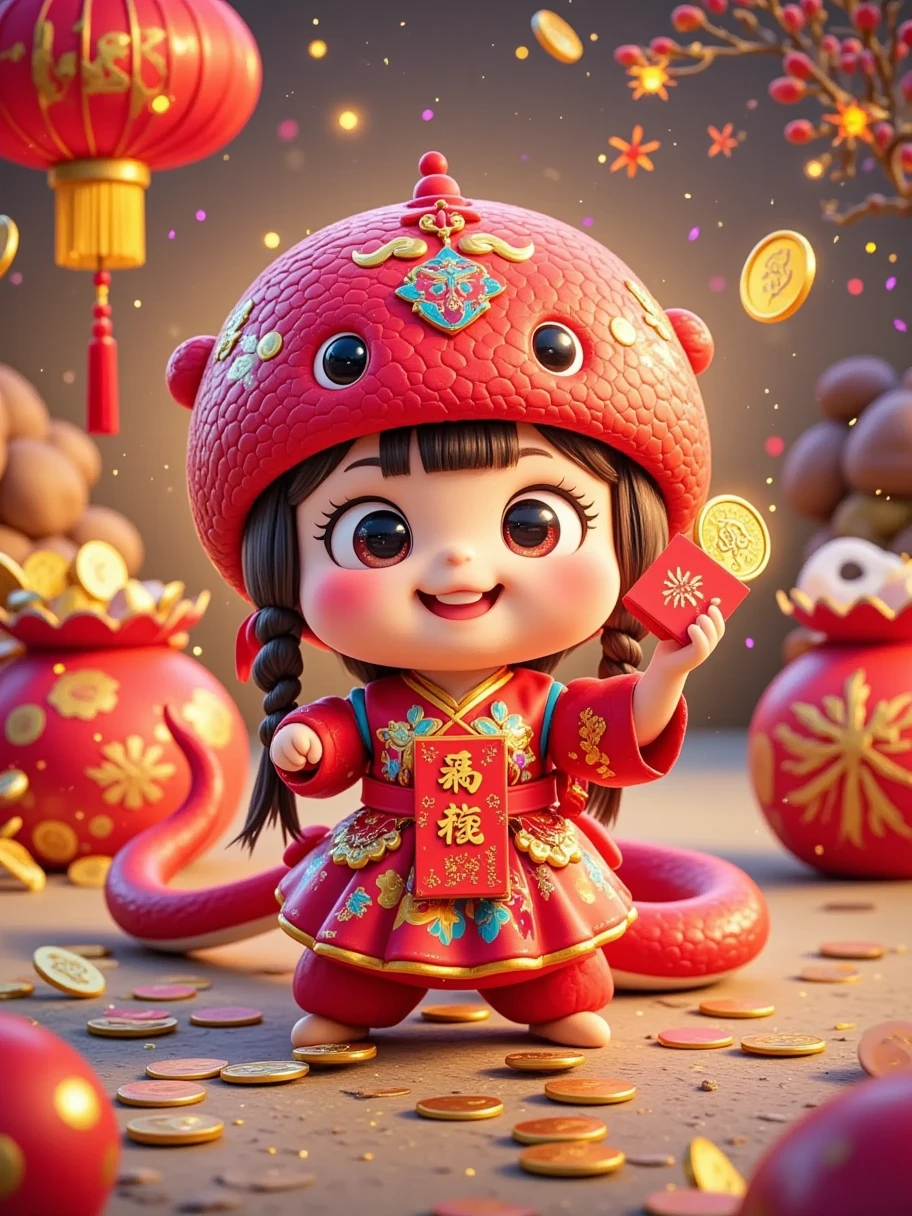  cute Chinese zodiac ，Snake，Year of the Snake，卡通Snake戴着舞狮的帽子，A close-up of a girl wearing a Song Han costume with a red envelope in her hand ，Next to a red bag ，It&#39;s filled with gold coins.，Smiling happily。 wears red，There are many gold coins on the ground ， depicting the Chinese New Year atmosphere in cartoon style