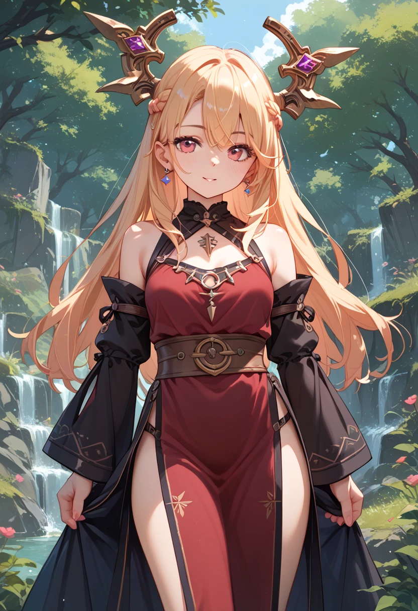 1 female，35 years old，Big breasts，Long Law，solo，（background：The Peak，Rainforest，In the summer，There is standing water on the ground，Exterior） Feel free to hairstyle，stride，Sweating，Soaked，从front看，Long blond hair ， partly cloudy，（（（masterpiece），（Very detailed CG Unity 8k wallpaper），Best quality，light，详细background，Beautiful and delicate eyes，smart student，（Very delicate and beautiful），（Beautiful and detailed description of the eyes），Extremely detailed，masterpiece，）），Facing the audience，front，high resolution，Extremely detailed），complexion，Open your mouth，Smile
