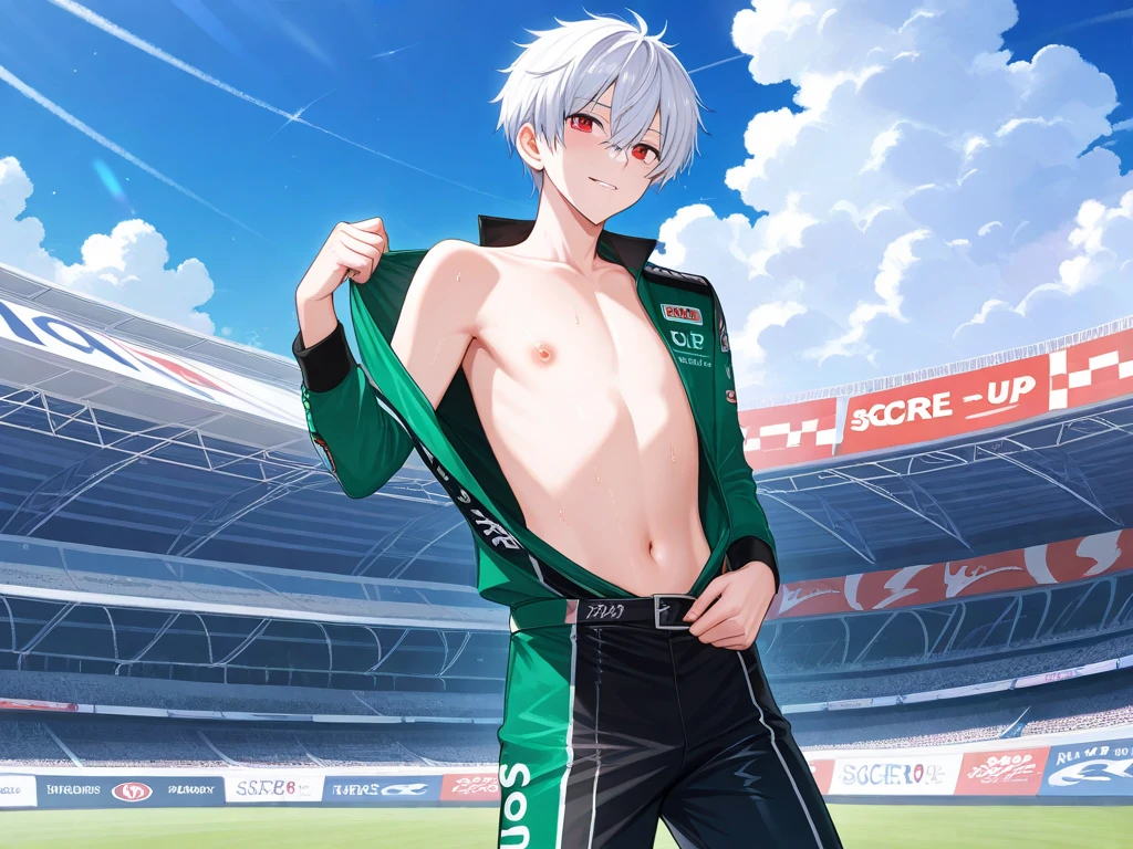 1boy, male focus, twink, thin, highschool age, short messy white hair, red eyes, smooth skin, racer, he is wearing racing uniform, unbuttoned, showing skin, visible nipples, race tournament, stadium, high resolution, masterpiece, accurate, anatomically correct, award winning, best quality, detail, HD, high details, high quality, super detailed, UHD