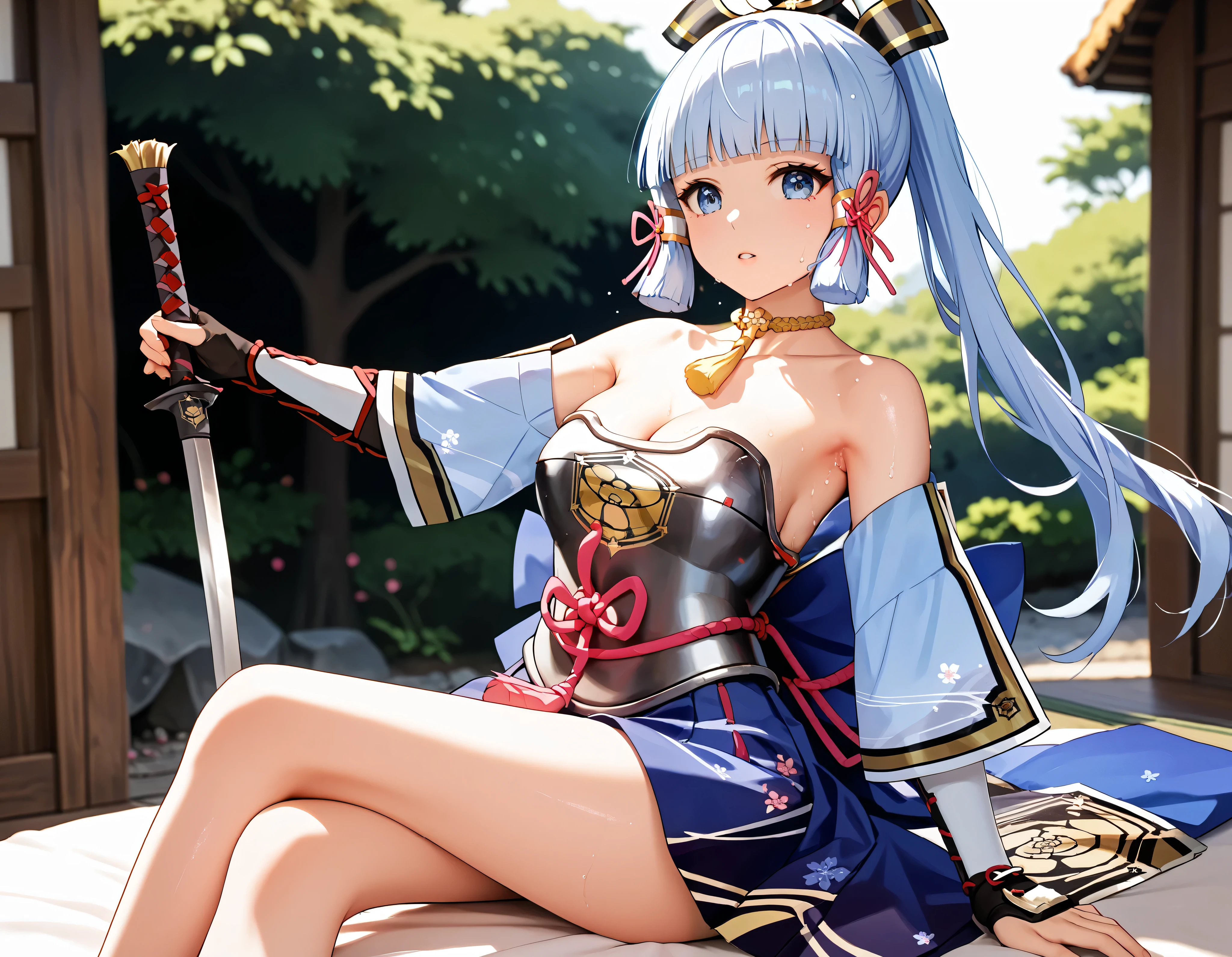 1girl,solo,kamisato_ayaka,breasts,arms_up,weapon,armor,looking_at_viewer,armpits,breastplate,cleavage,sidelocks,tress_ribbon,arm_guards,light_blue_hair,detached_sleeves,medium_breasts,japanese_clothes,upper_body,parted_lips, , ((masterpiece)), (best quality), (highres), 16K, perfect face, bikini, large breasts and a beautiful ass, legs, hips, detailed whole body, busty body, sweaty skin, 1girl, NSFW,nude, sitting_on_face, facesitting