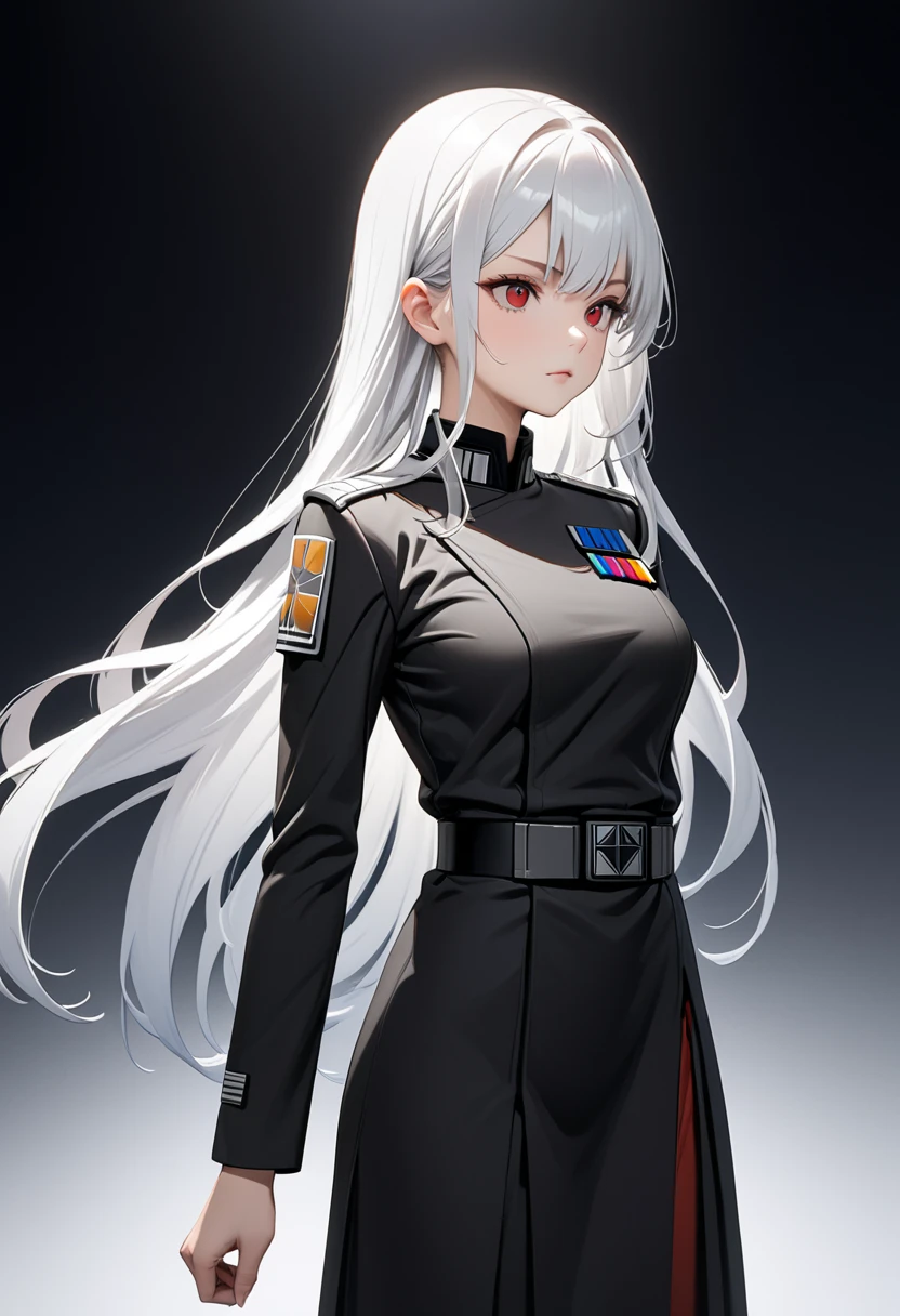 masterpiece,1girl,white hair,red eyes,long hair,Star Wars Galactic Empire Military uniform,standing,form,simple white background,standing pose,facing front,anime