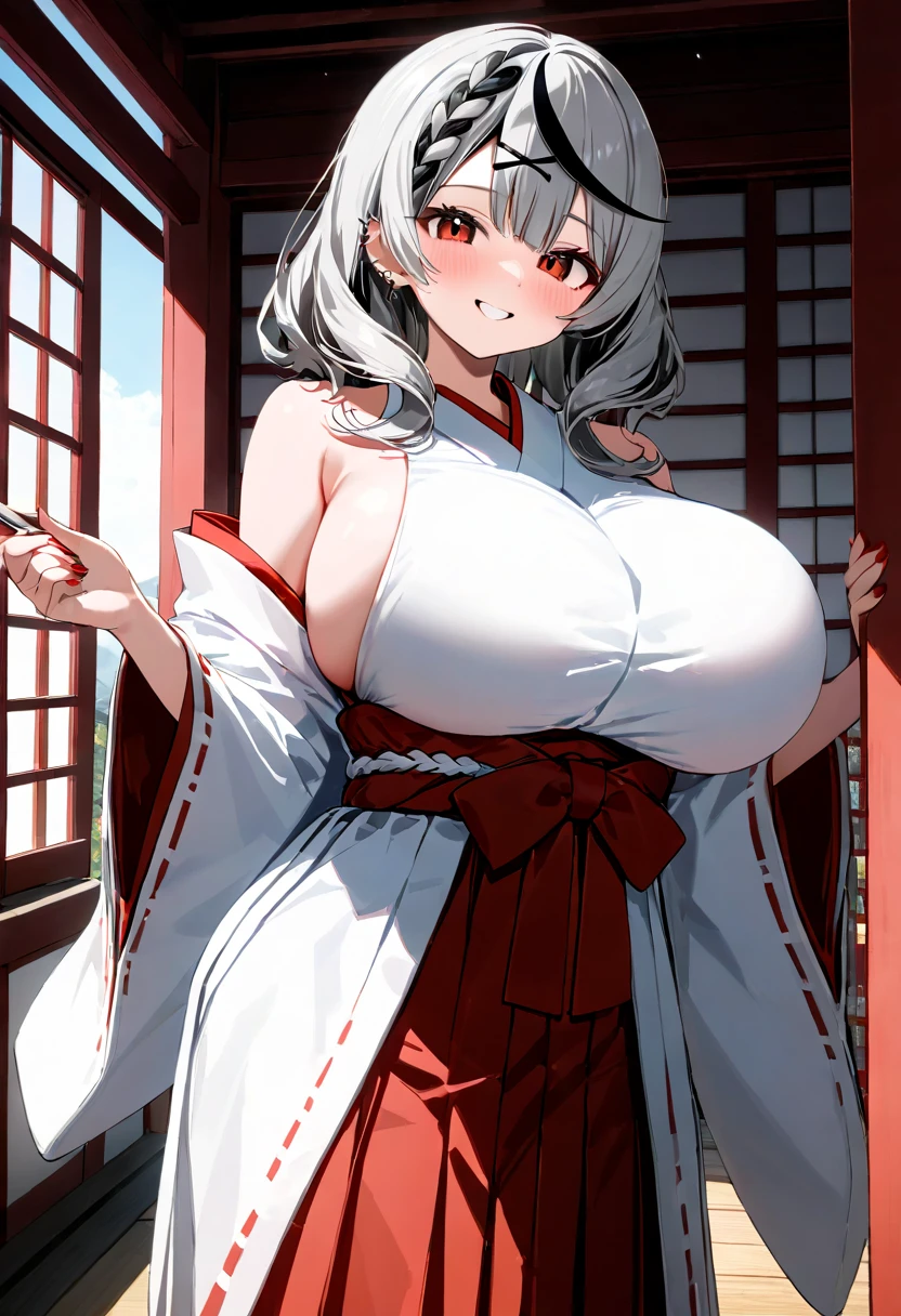 ( top quality  , 8k , masterpiece ),  girl  , young , 1 person , sakamata chloe ,  hololive  , Silver Hair , Big Breasts , smile ,  like heaven ,  red cheeks  , A rich variety of skin tones  , ( miko,red hakama :1.2) , ( huge breasts:1.2)