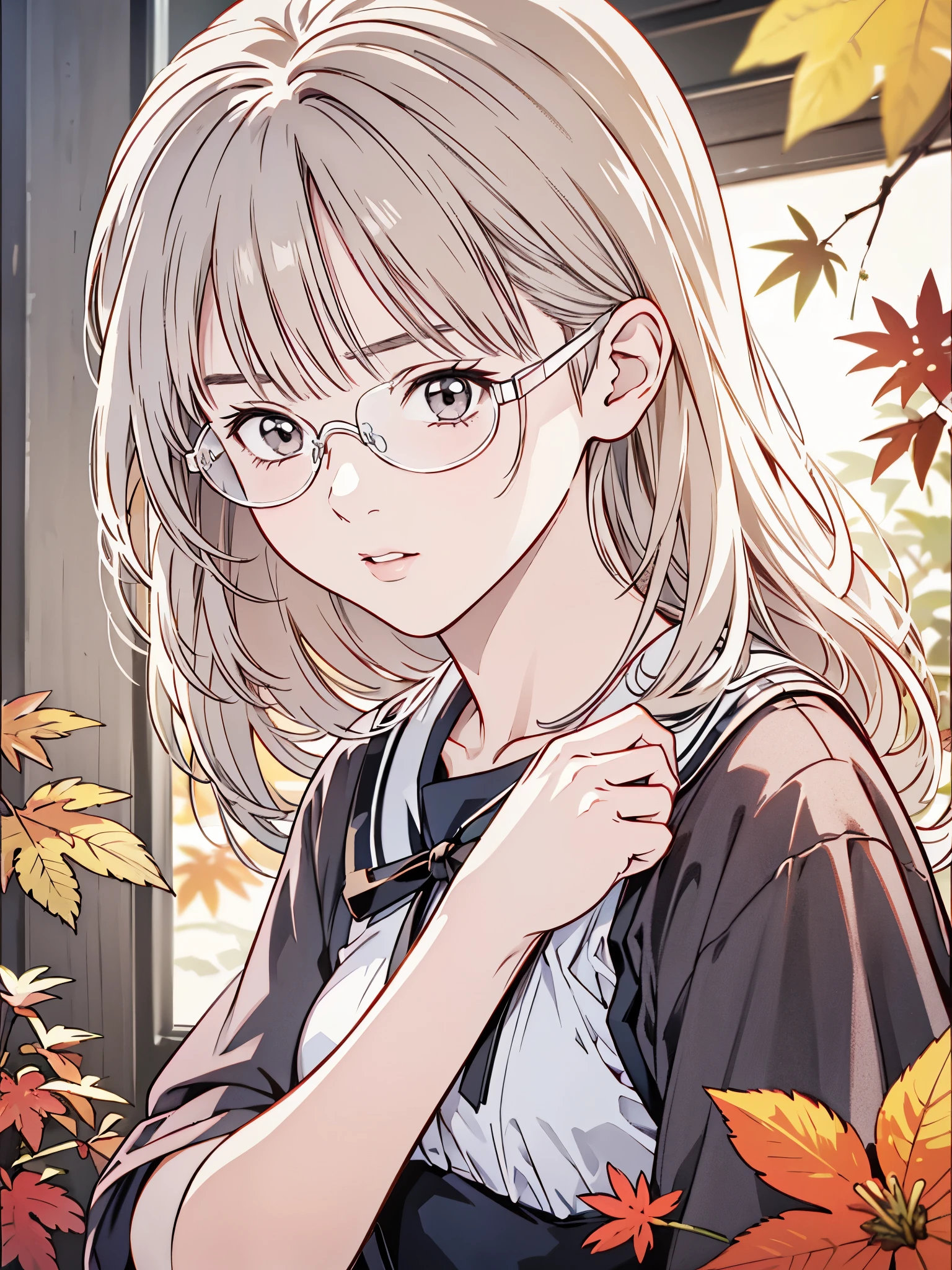 (8k、 top quality 、​masterpiece:1.2)、( realistic、 ultra-detailed、 super A high resolution、 1 girl、、 beautiful detailed face、narrow、( slim waist) :1.3)、Autumn Clothes、  、 skin texture、Floating Hair、  Professional Writing 、***************************服、Wearing glasses、 Human body、Brown Hair、(Timid、 quiet 、***************************、、 Silver Hair、 short、Honey、 embarrassing)、((Wearing glassesる))、