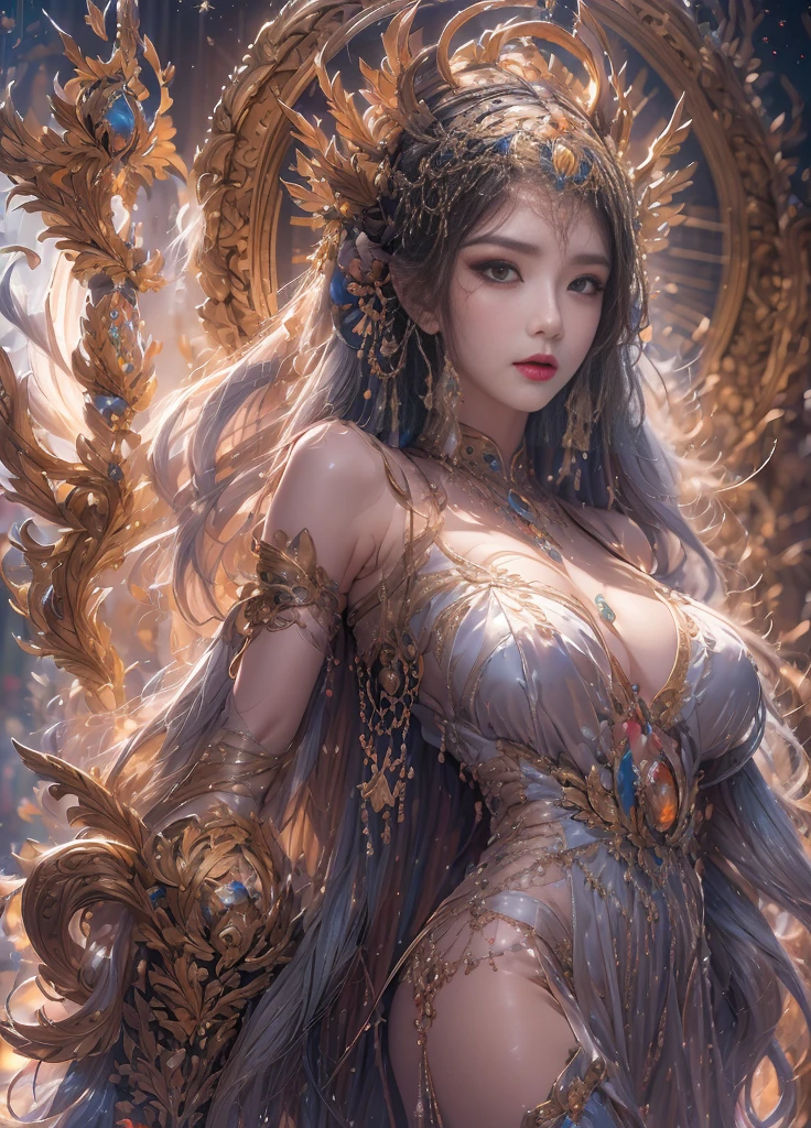 Woman in a golden transparent dress,view the viewer,(((Huge breasts, Large cleavage))),Slim waist,(navel baring,Bare waist), Long hair, Ultra-detailed details,High-end Zhenyi station, Rainstorm site, detailed fantasy art, Stunning character art, Beautiful and exquisite character art, Beautiful gold and silver armor, Extremely detailed, Girl in shiny armor, Exquisite tiaras and jewelry,Crystal jewelry filigree, milky ways, Stunning visuals, (dynamic streaks, light tracks:1.2), Vibrant colors,