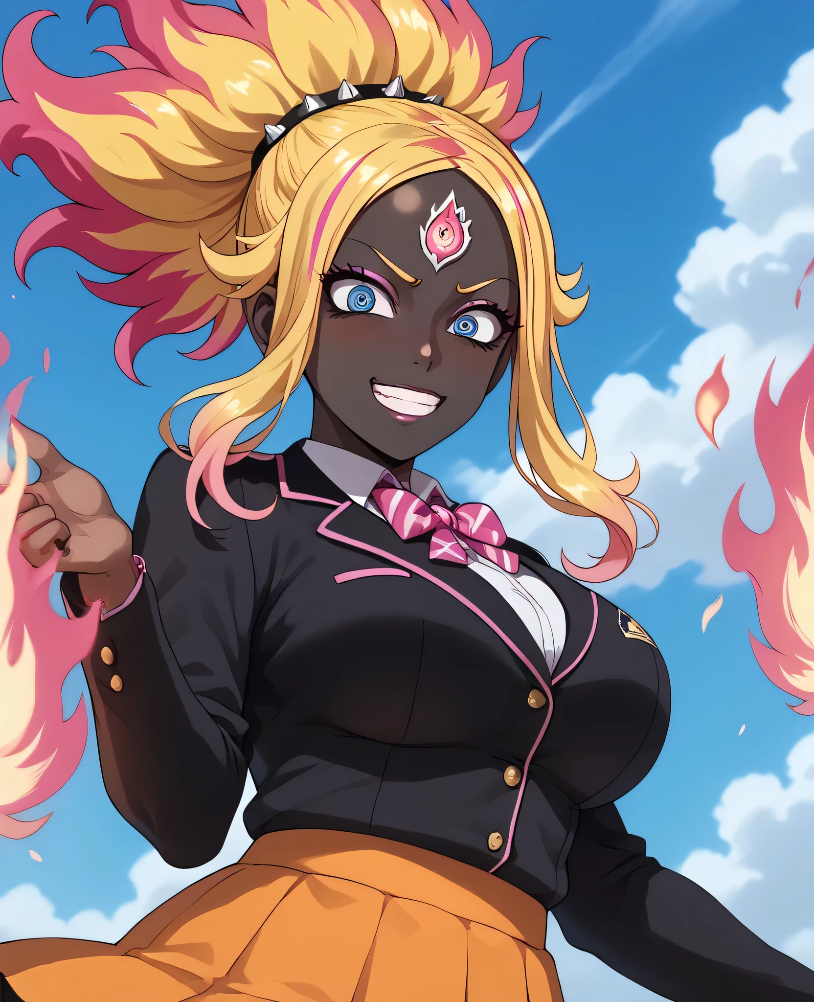 woman, flaming hair, black skin, jentry chau style, anime style, pink fire powers, blue eyes, yellow hair, third eye on forehead, pink streak, sky, agitated, excited, gyaru style, eye on forehead, pink fire, long hair, big breasts, skirt, spiky hair, nervous