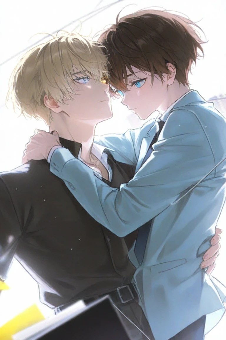 Two men , 185cm,  one is light blonde, Golden eye,  180cm brown hair ,  blue eyes , Animetic, Both adults, Like the one in the attached photo