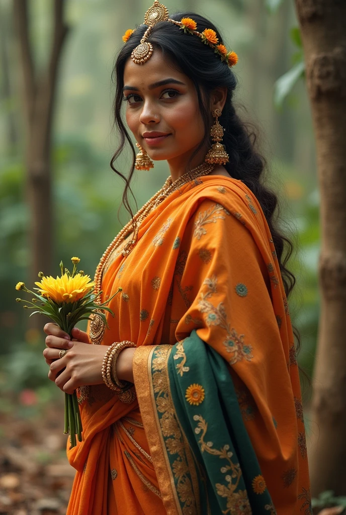 Indian woman, Create a serene, nature-inspired scene featuring a south Indian Tamil sari woman sitting gracefully against a tree. Her outfit is a vibrant mix of mustard yellow and deep green, with intricate patterns on the fabric, giving the attire a traditional yet elegant look. The woman's long, flowing hair frames her soft, round face, which bears a gentle smile, exuding warmth and contentment. She is surrounded by lush greenery, with delicate yellow flowers subtly scattered on the ground. The natural setting should evoke a sense of peace, with soft lighting enhancing the overall tranquility of the scene.