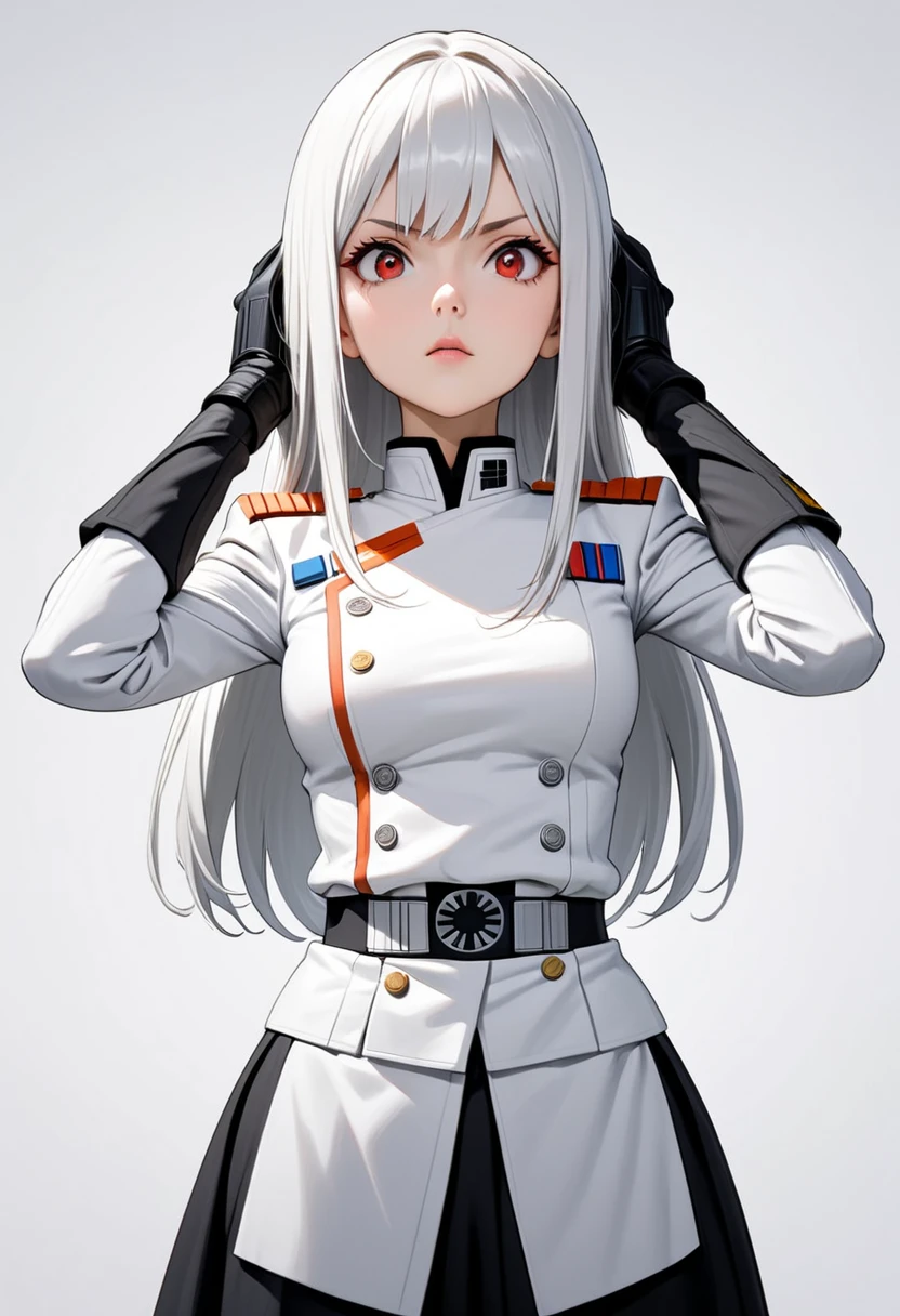 masterpiece,{{1girl}},white hair,red eyes,long hair,Star Wars Galactic Empire White Military uniform,standing,form,{{simple background}},{{white background}},standing pose,facing front,anime,upper body,face forcus,shoulder rest,