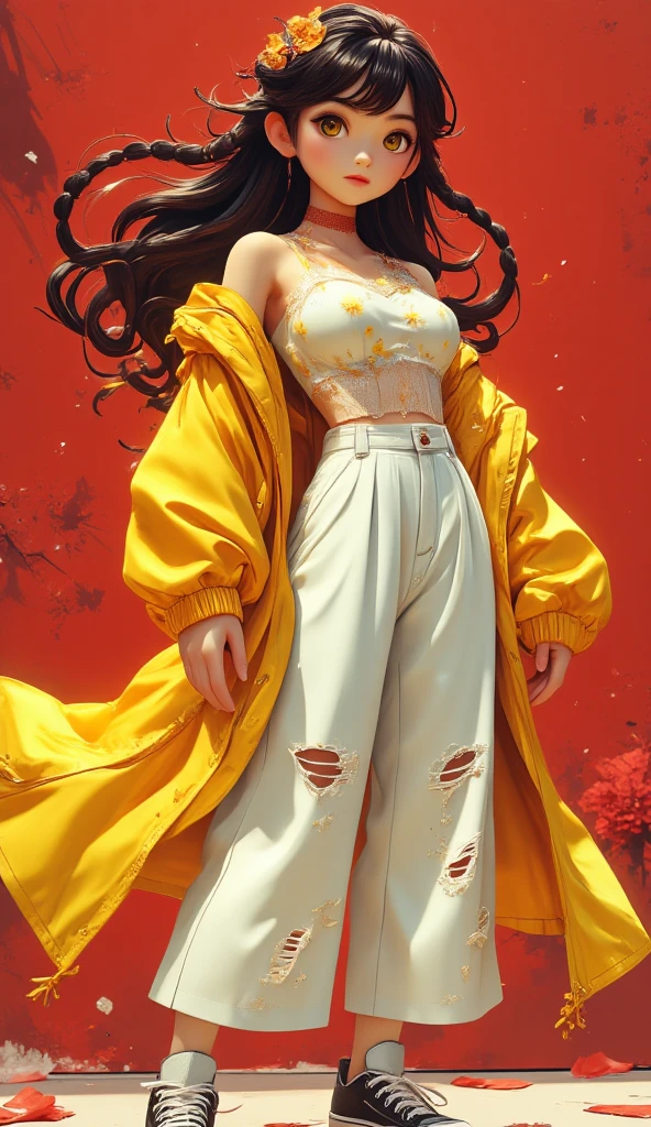  A beautiful young Japanese girl .
 black hair, seeds, Foot-length , with braids, fluttering. 
 honey-colored eyes , expressive, obfuscating, bioluminescentes. 
 Full and voluminous lips . 
 Small, pointy breasts .
yellow coat, shiny effect,  graphite print , Open.
white shirt, semi-transparent, tight,  showing the entire contour and volume of the breasts. 
wide pants, White color, torn at the knee .
 Skate style sneakers .
 Are you dancing hip-hop . 
 Simple red background .
Dull effect .
retro effect.
(anime style 32K, 3d, HDR, UHD, intricate detail, extremely intricate detail, hyperrealistic, extremely realistic, high quality,         vivid color        , extremely detailed).