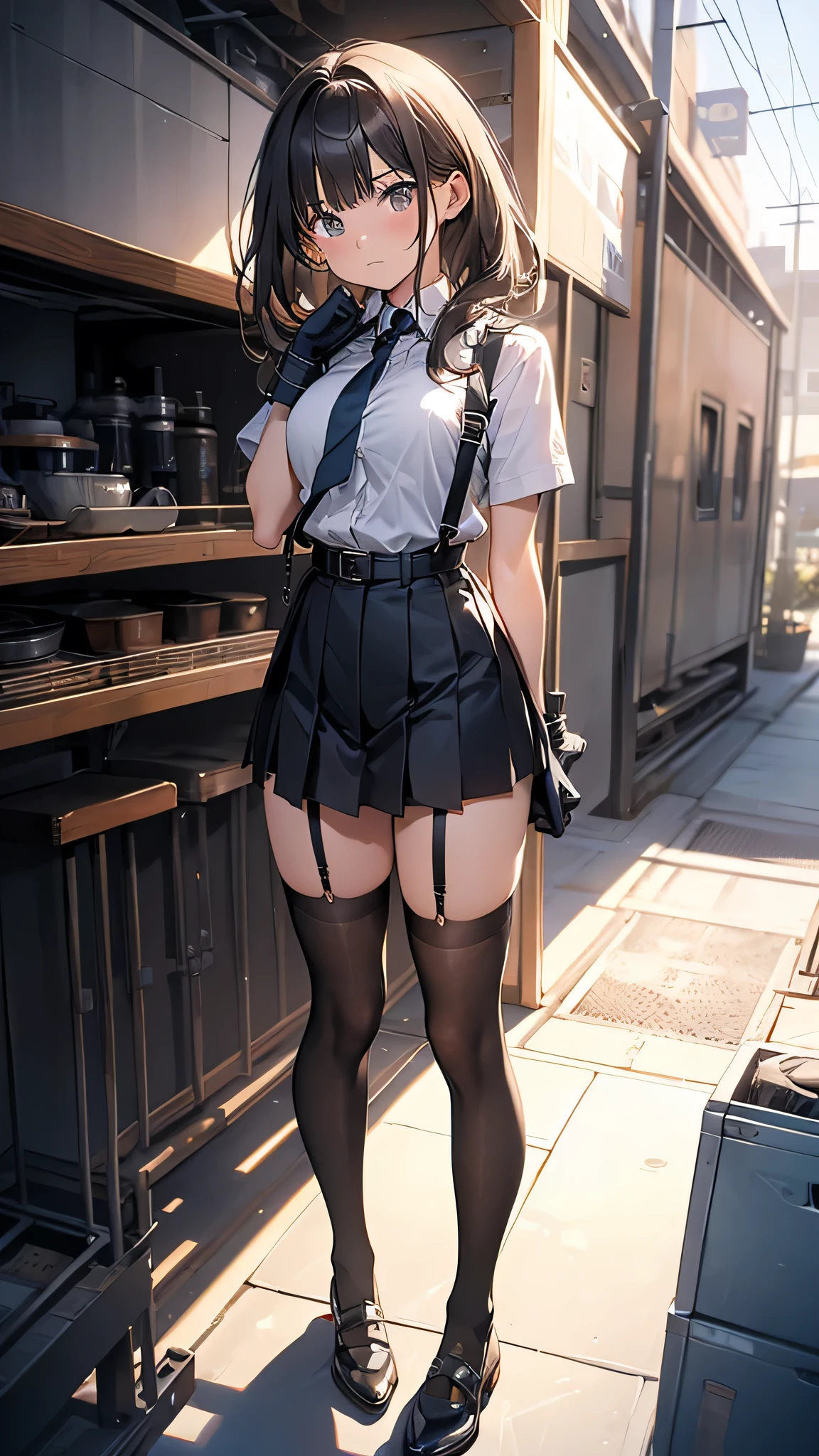 High Quality , masterpiece, super high res, ( realism: 1.4), oil painting style , movie lighting, , I stood on an empty asphalt road and watched it.., and、flying crane suspenders Big Breasts Small Face lying on the bed looks up at the sweat belt buzzer 脇sweat black hole gloves suit miniskirt garterbelt Foot Link ズボンのbelt place hands on back uneasy expression looks up at the uneasy expression Knee-length knee socks Knee-length socks garter belt garter Garterbelt on thighs, place hands on back restrict handcuffs Cable ties Cable ties on thumbs big boobs