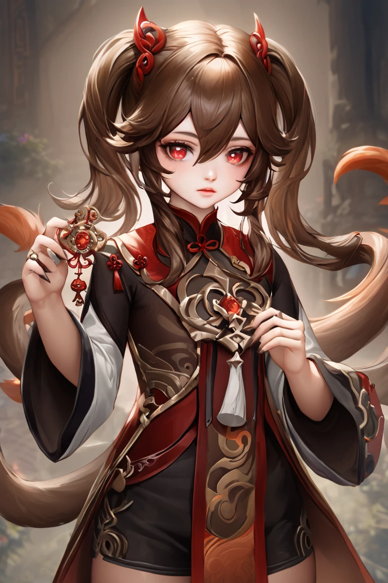 A very detailed, high-quality, hyperrealistic portrait of a two-tailed girl from Genshin Impact, with long hair, bangs, brown hair, red eyes, hair between the eyes, twin tails, side locks, gem-shaped pupils, long sleeves, holding jewelry, flowers, shorts, wide sleeves, Chinese-style clothes, black shorts, rings, and black claws.